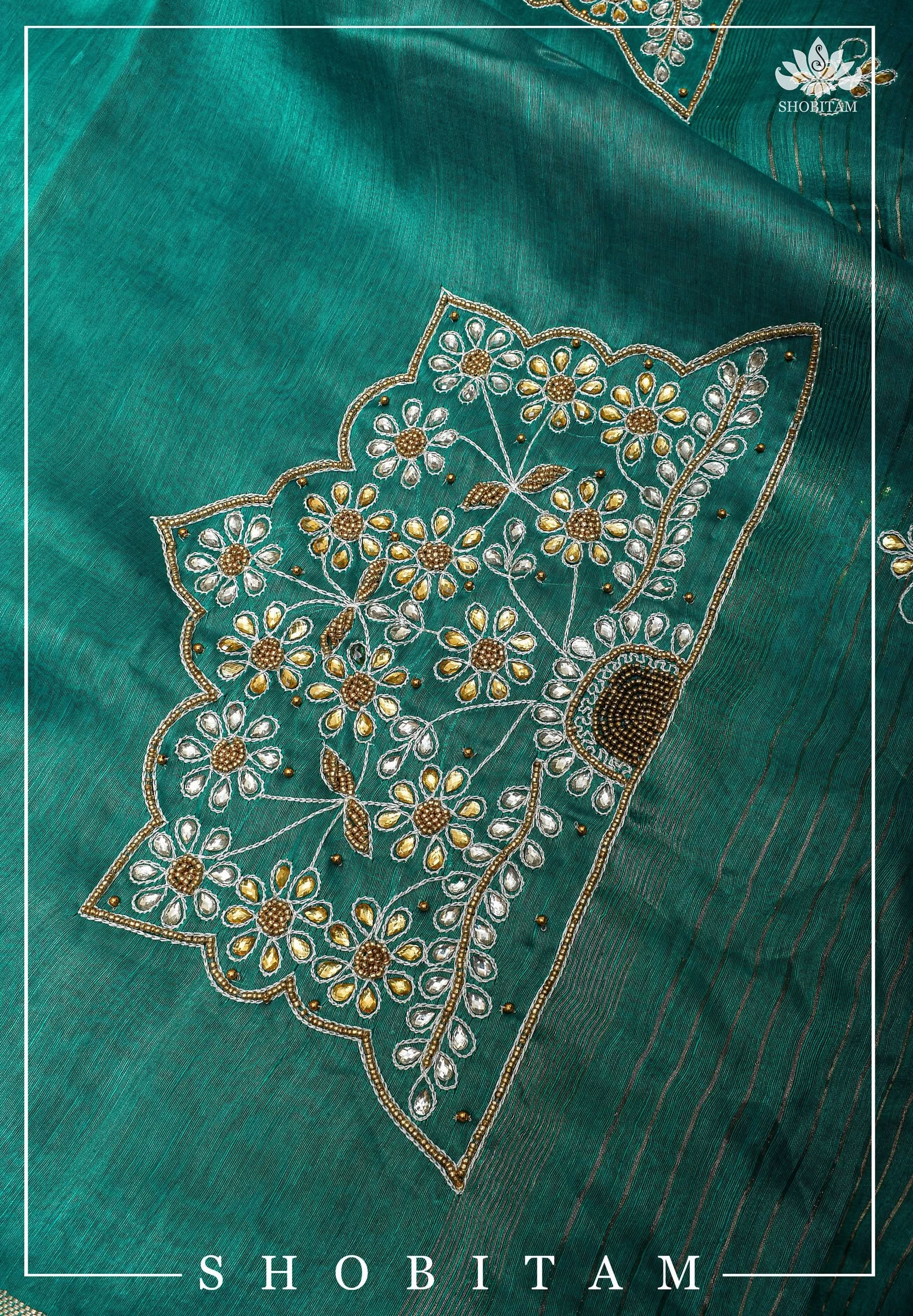 Teal Silk Linen Saree with Embroidery | Shobitam Saree