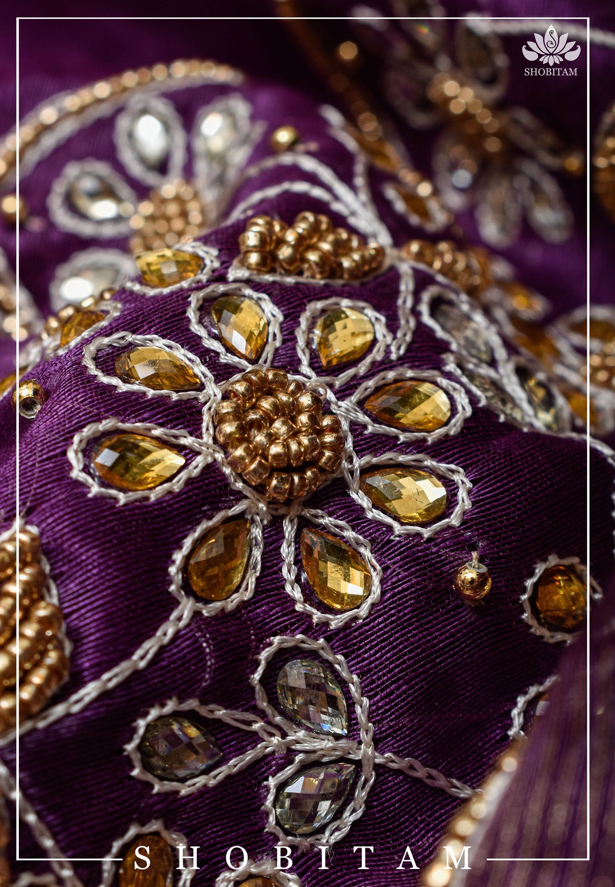 Purple Silk Linen Saree with Embroidery | Shobitam