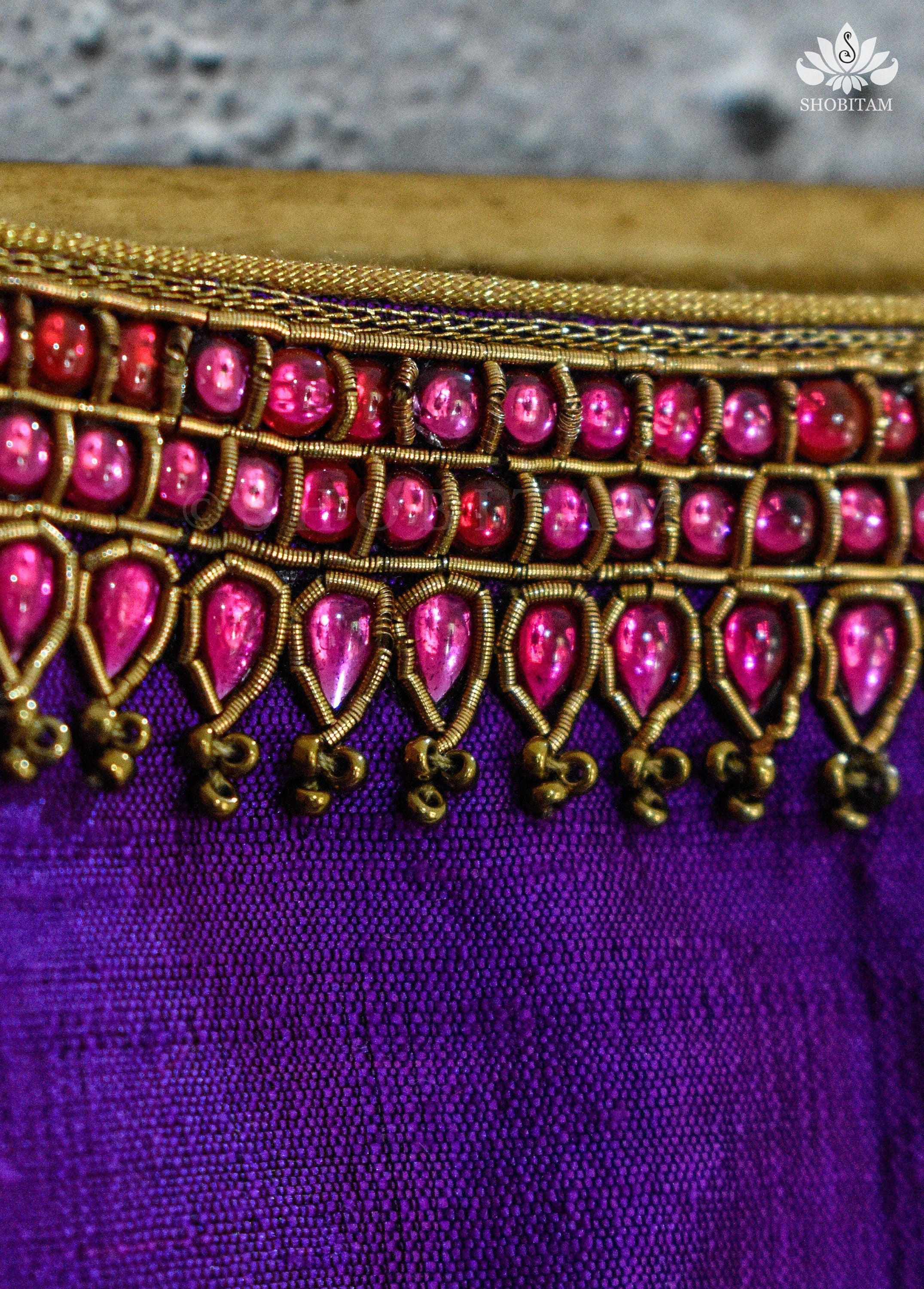 Made to order Temple Jewelry Style Jadau Blouse in Violet | Shobitam Blouse