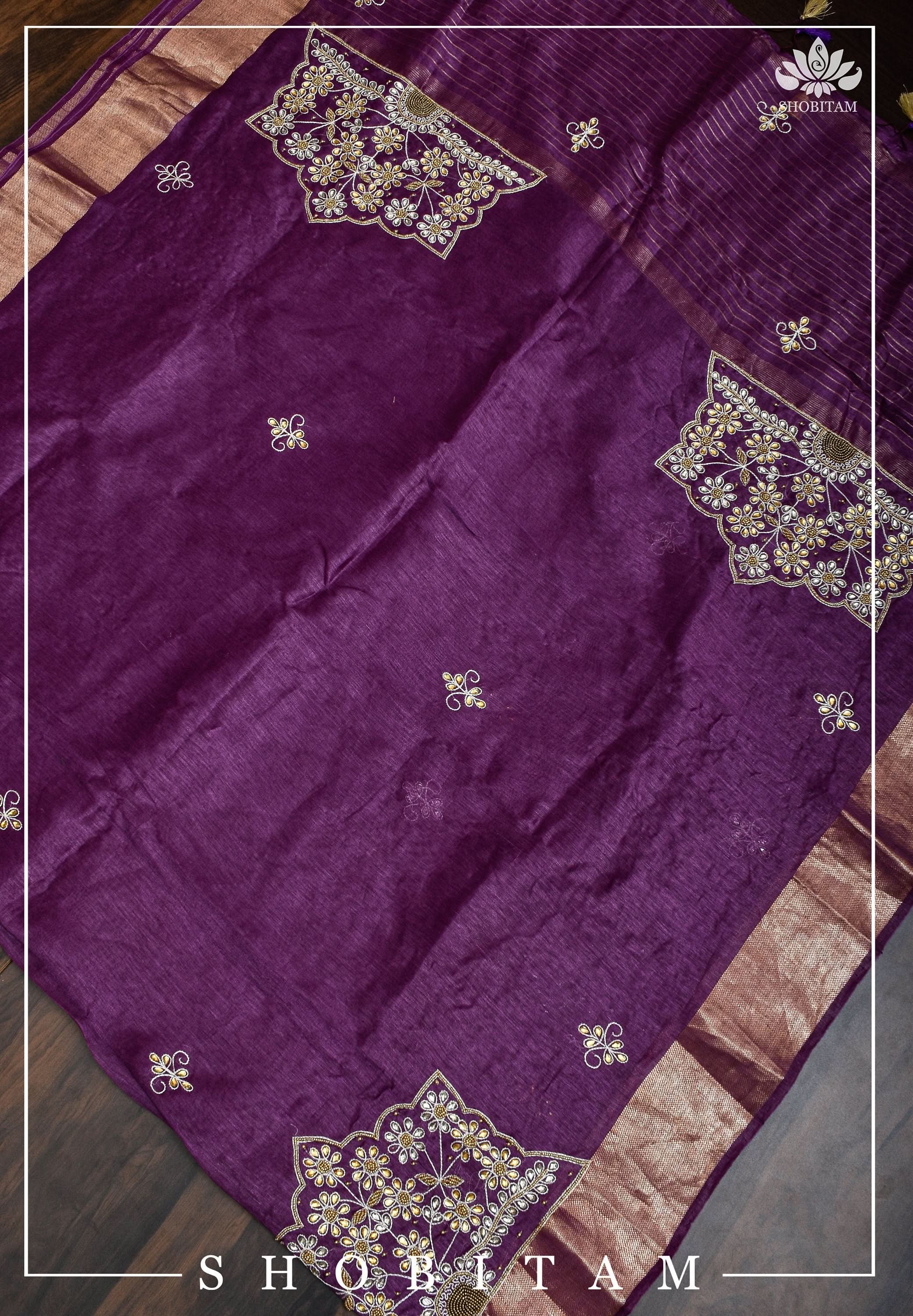 Purple Silk Linen Saree with Embroidery | Shobitam