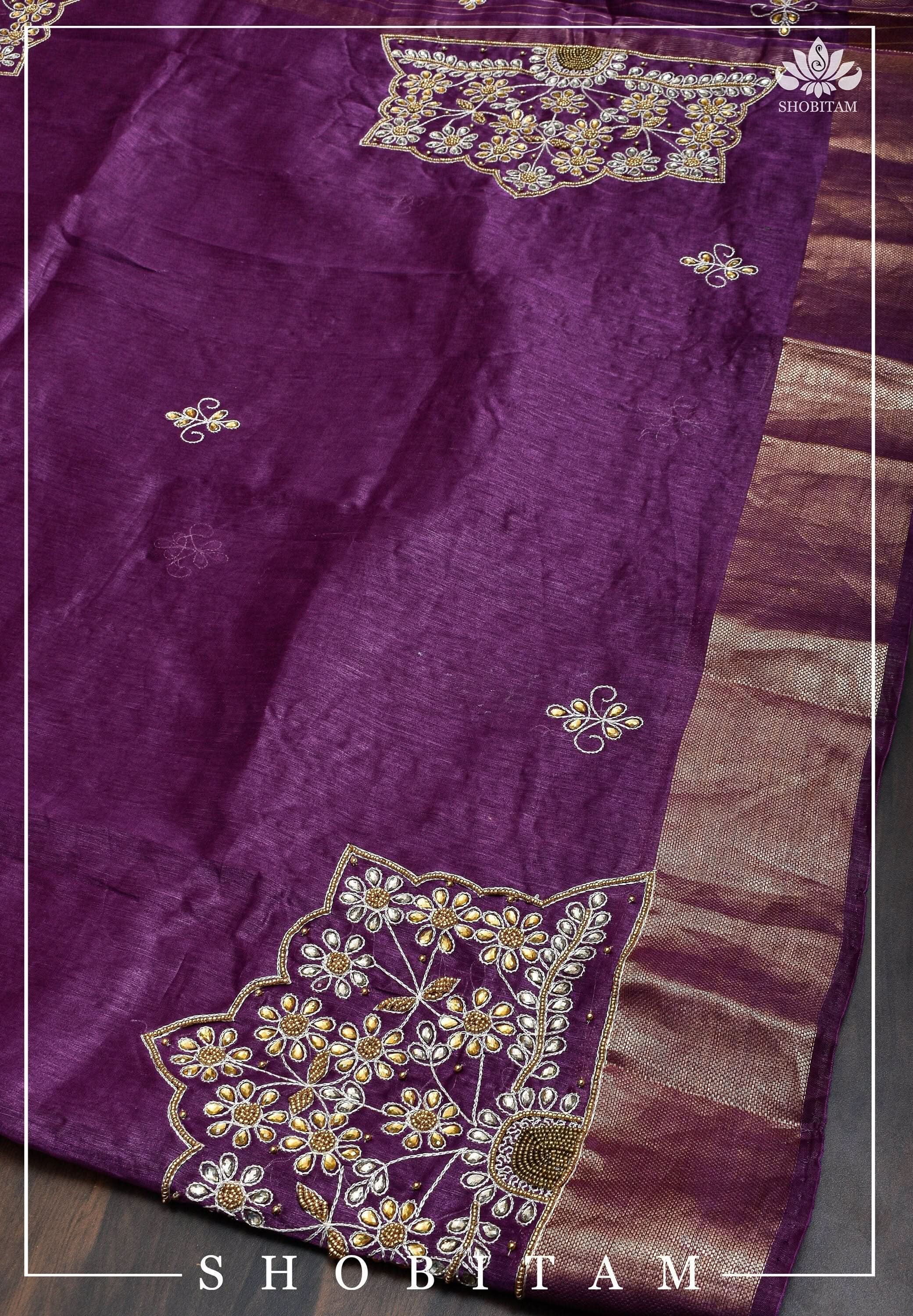 Purple Silk Linen Saree with Embroidery | Shobitam