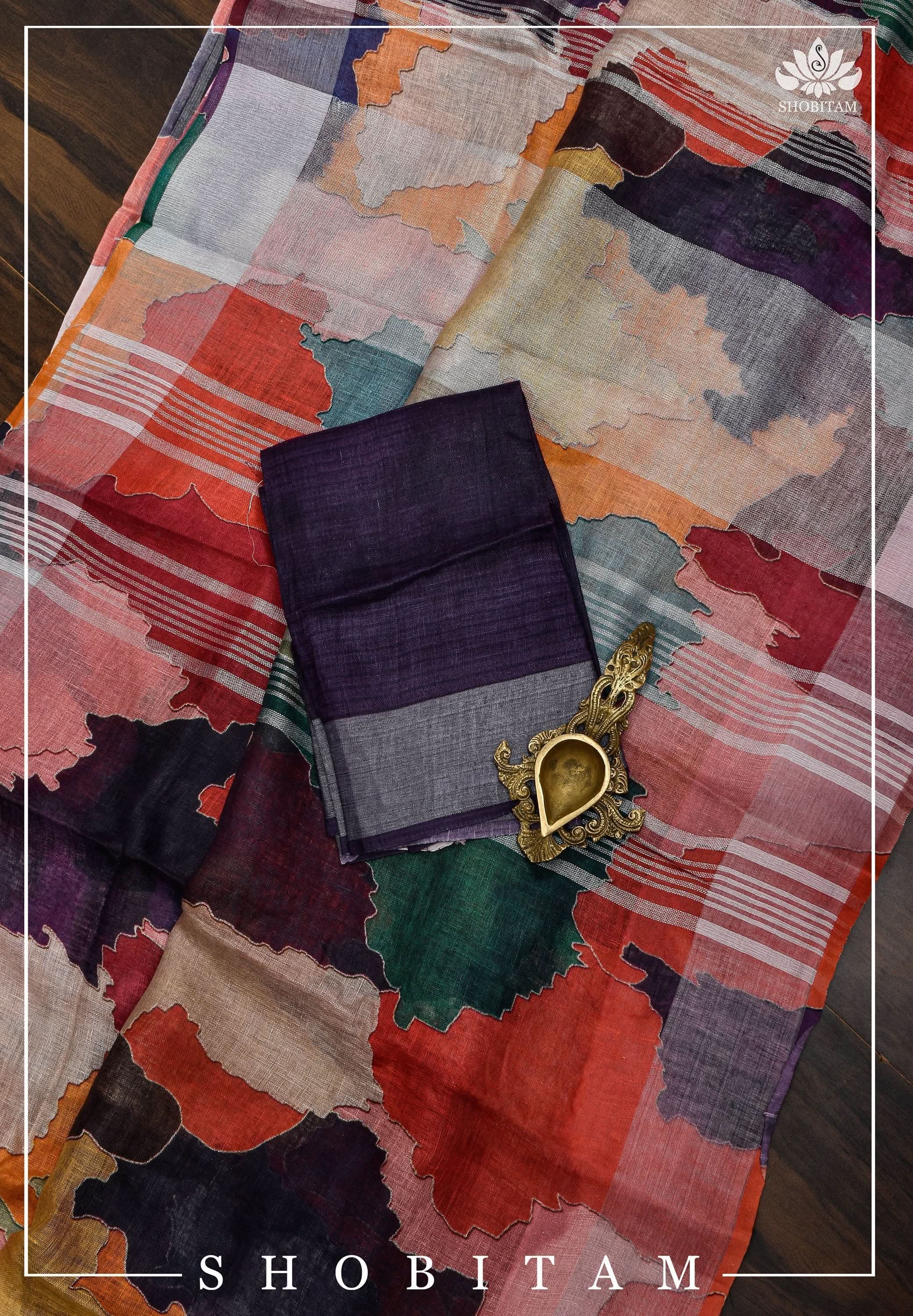 Abstract Print Multicolor Linen by Linen Saree with Zari Border