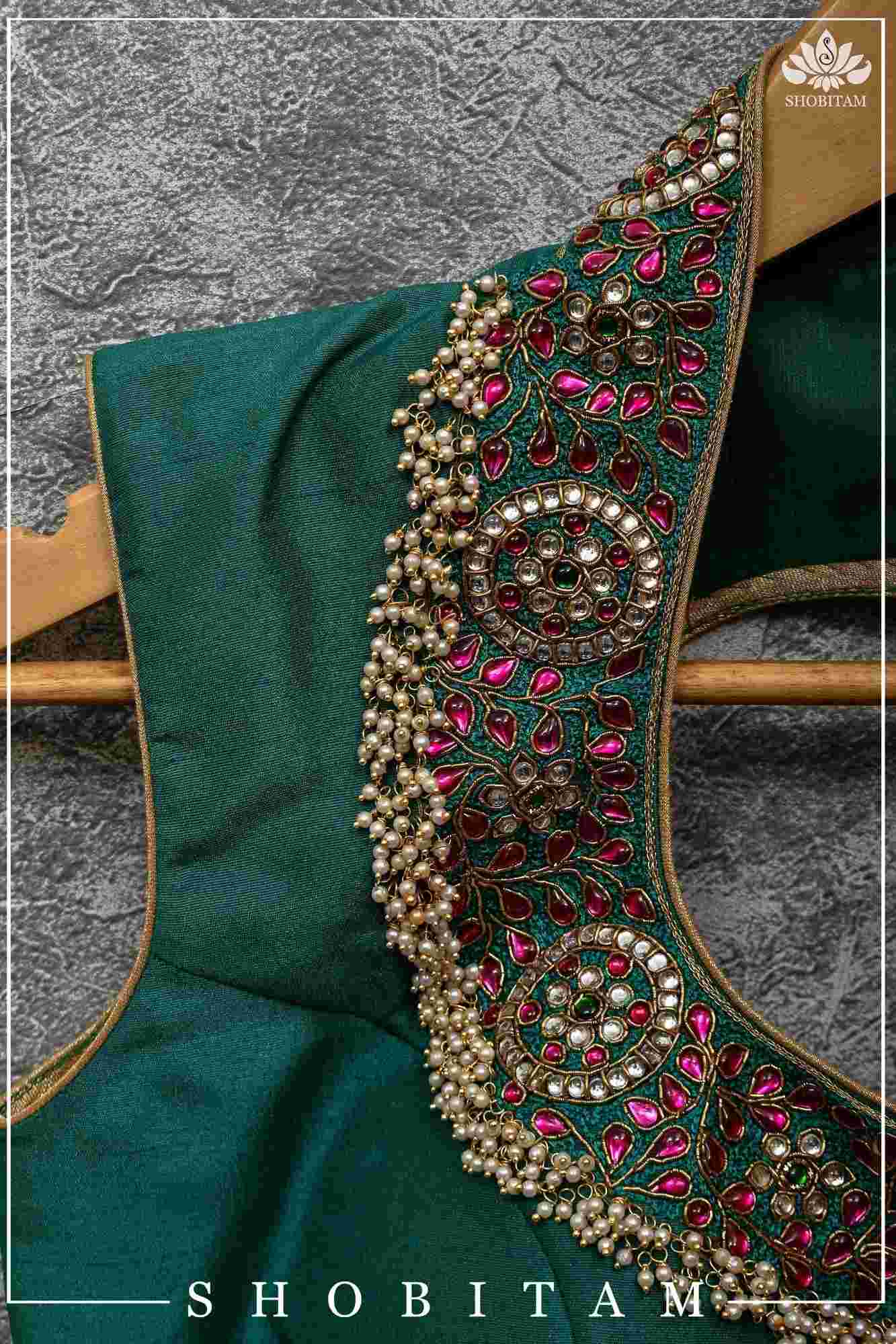 Made to Order:  Necklace Design Jadau Ornamental Sleeveless Blouse in Green Raw SIlk | Shobitam Blouse