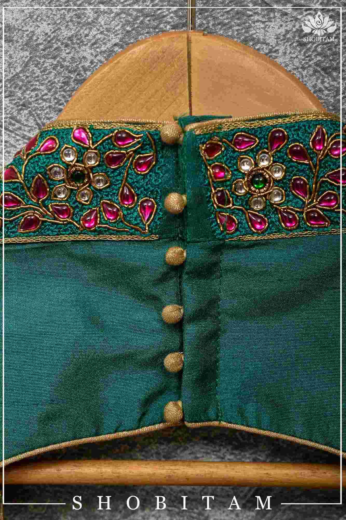 Made to Order:  Necklace Design Jadau Ornamental Sleeveless Blouse in Green Raw SIlk | Shobitam Blouse