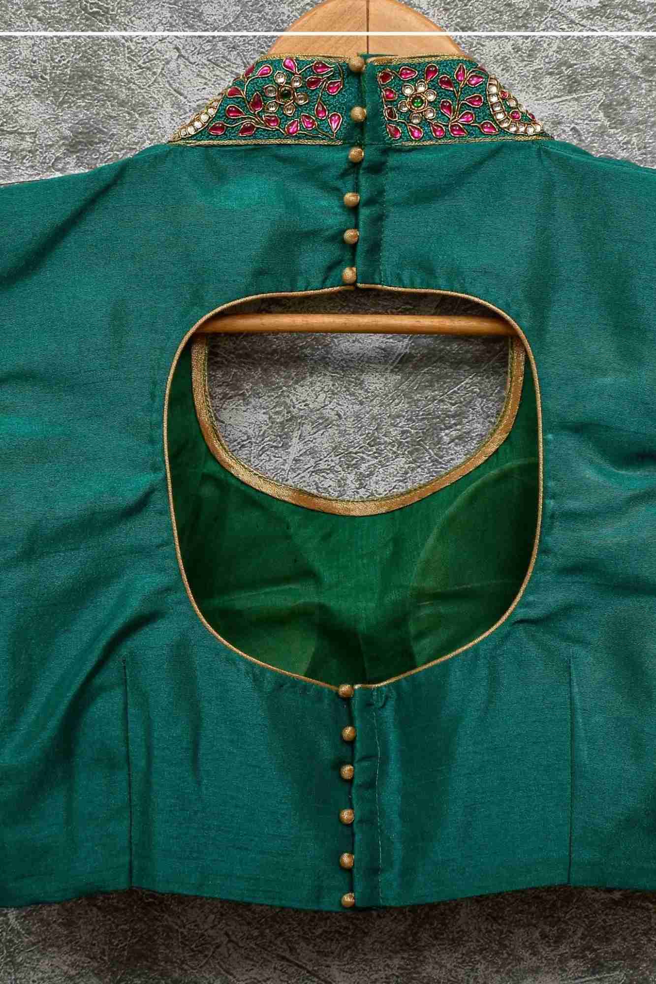 Made to Order:  Necklace Design Jadau Ornamental Sleeveless Blouse in Green Raw SIlk | Shobitam Blouse
