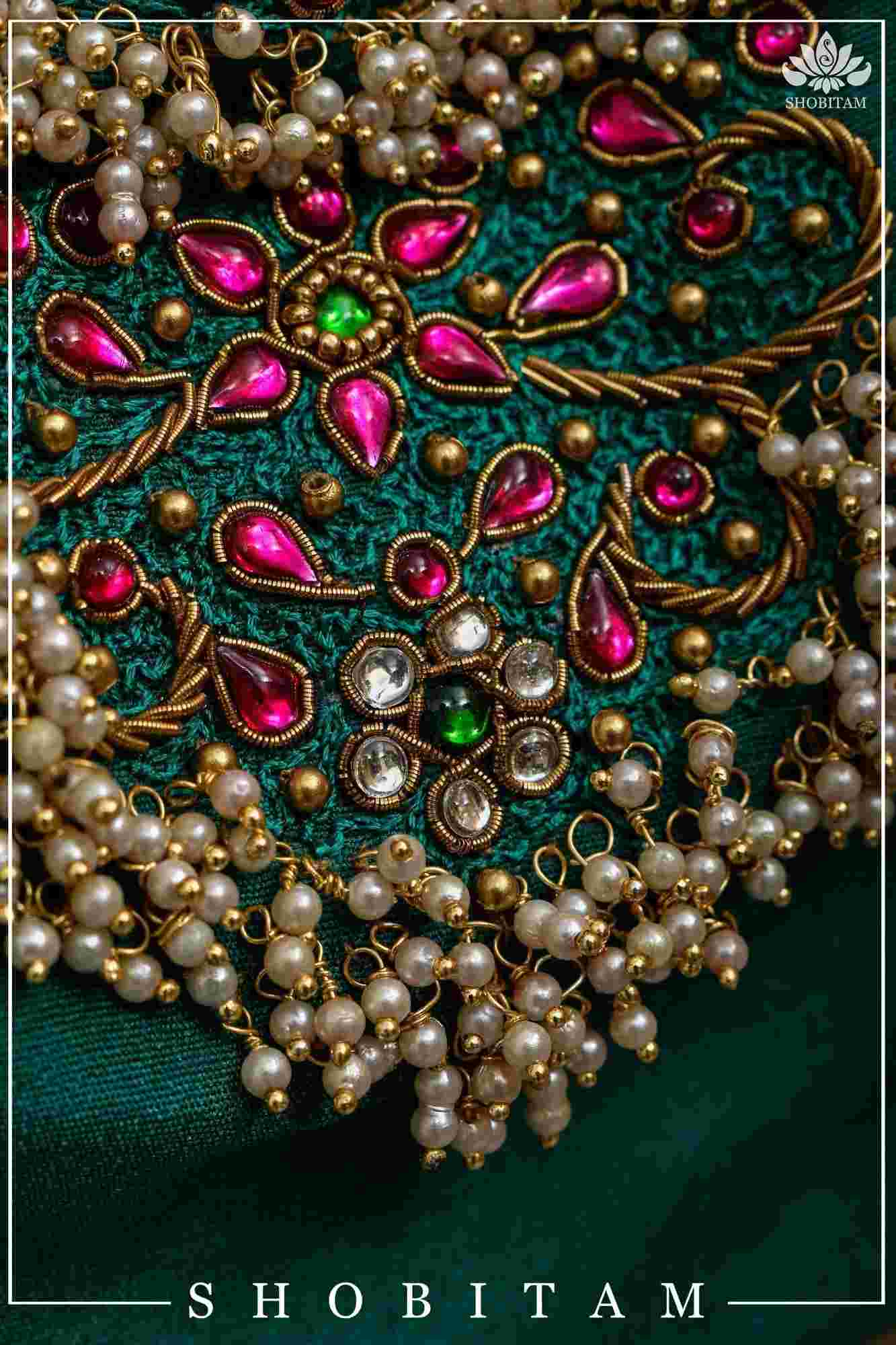 Made to Order:  Necklace Design Jadau Ornamental Sleeveless Blouse in Green Raw SIlk | Shobitam Blouse