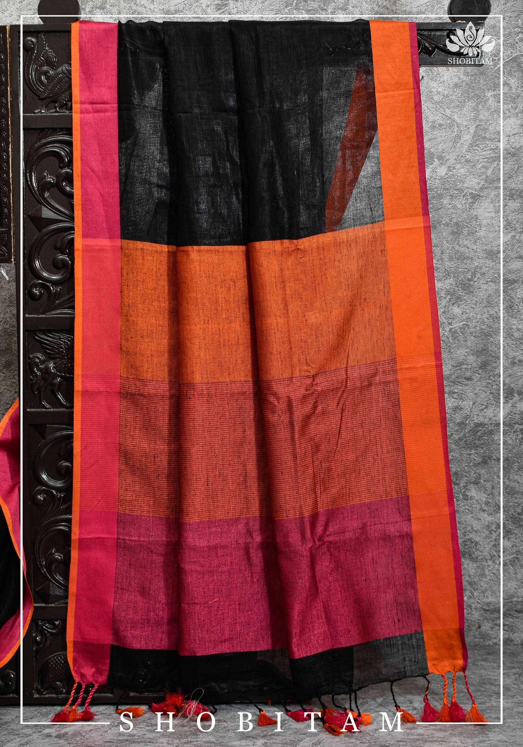 Ganga Jamuna Borders on Black Linen by Linen Saree | Sarees by Shobitam