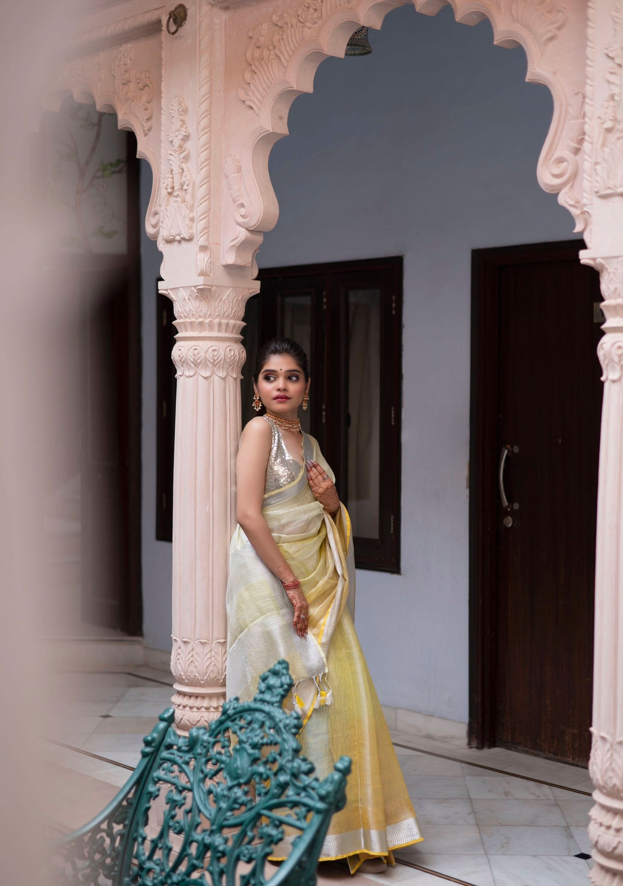 Ombre Yellow and Silver Tissue Linen Saree | Shobitam Saree