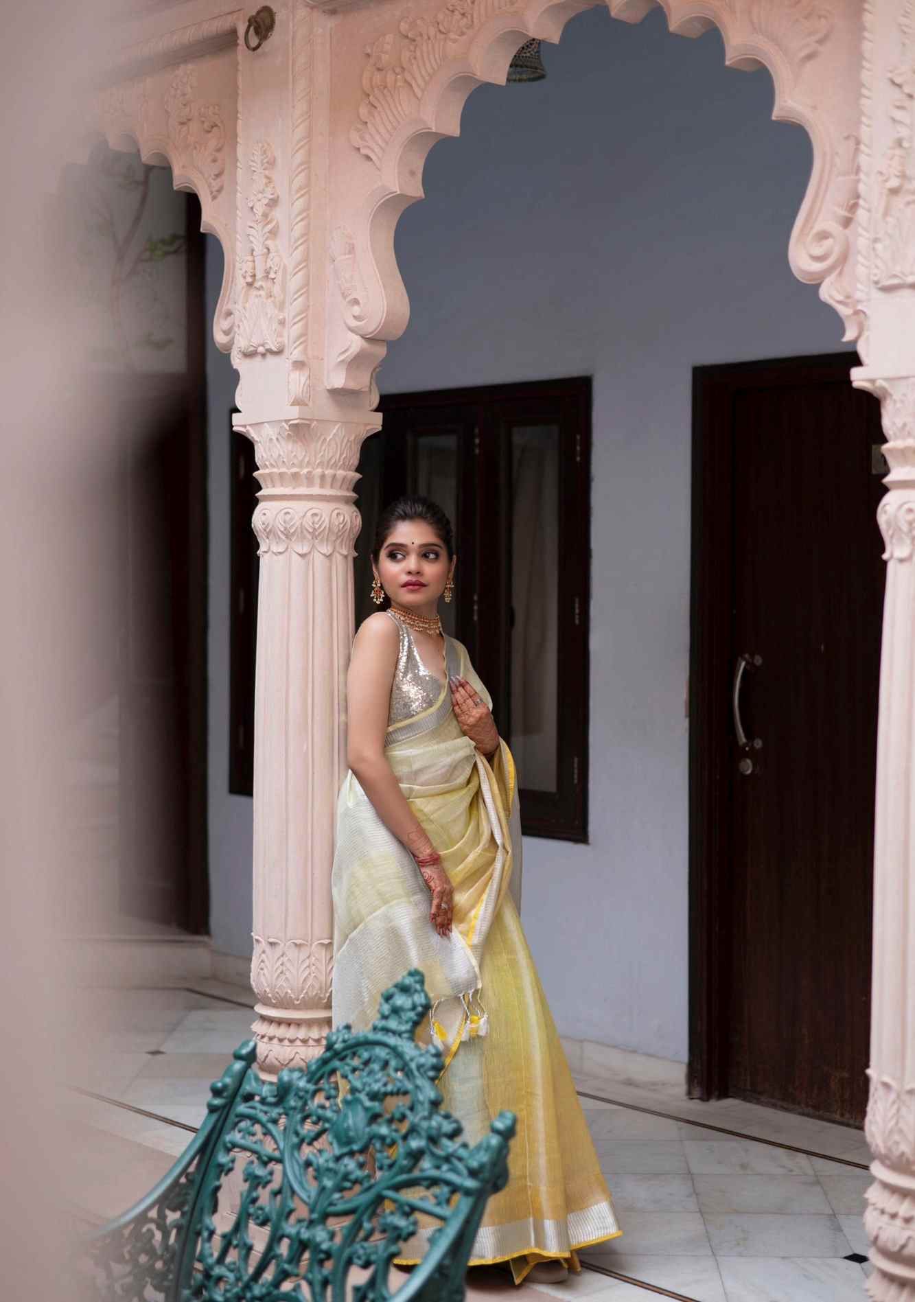 Ombre Yellow and Silver Tissue Linen Saree  Wrap in 1 minute saree