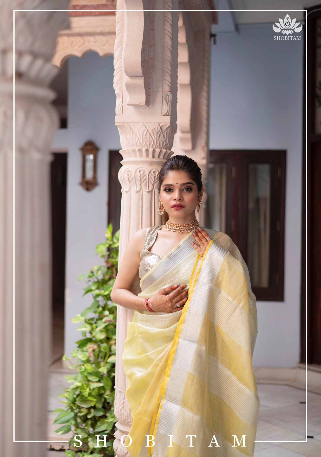 Ombre Yellow and Silver Tissue Linen Saree  Wrap in 1 minute saree