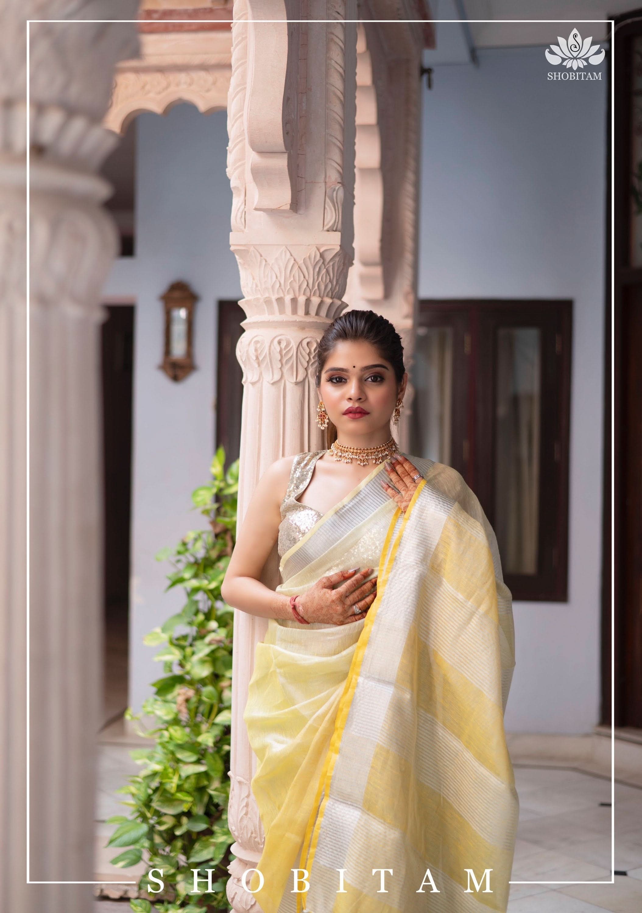 Ombre Yellow and Silver Tissue Linen Saree | Shobitam Saree