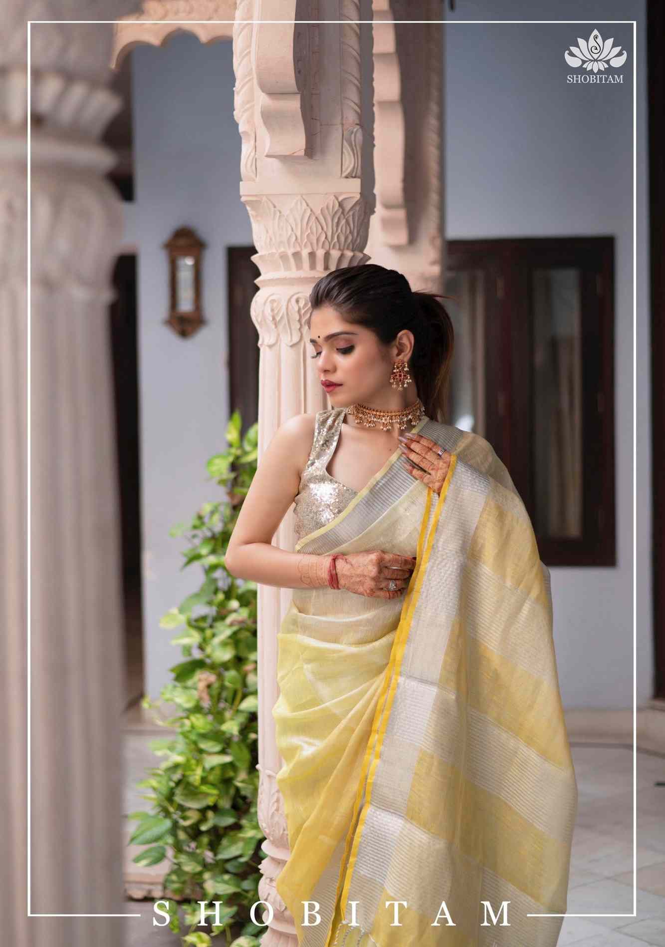 Ombre Yellow and Silver Tissue Linen Saree  Wrap in 1 minute saree