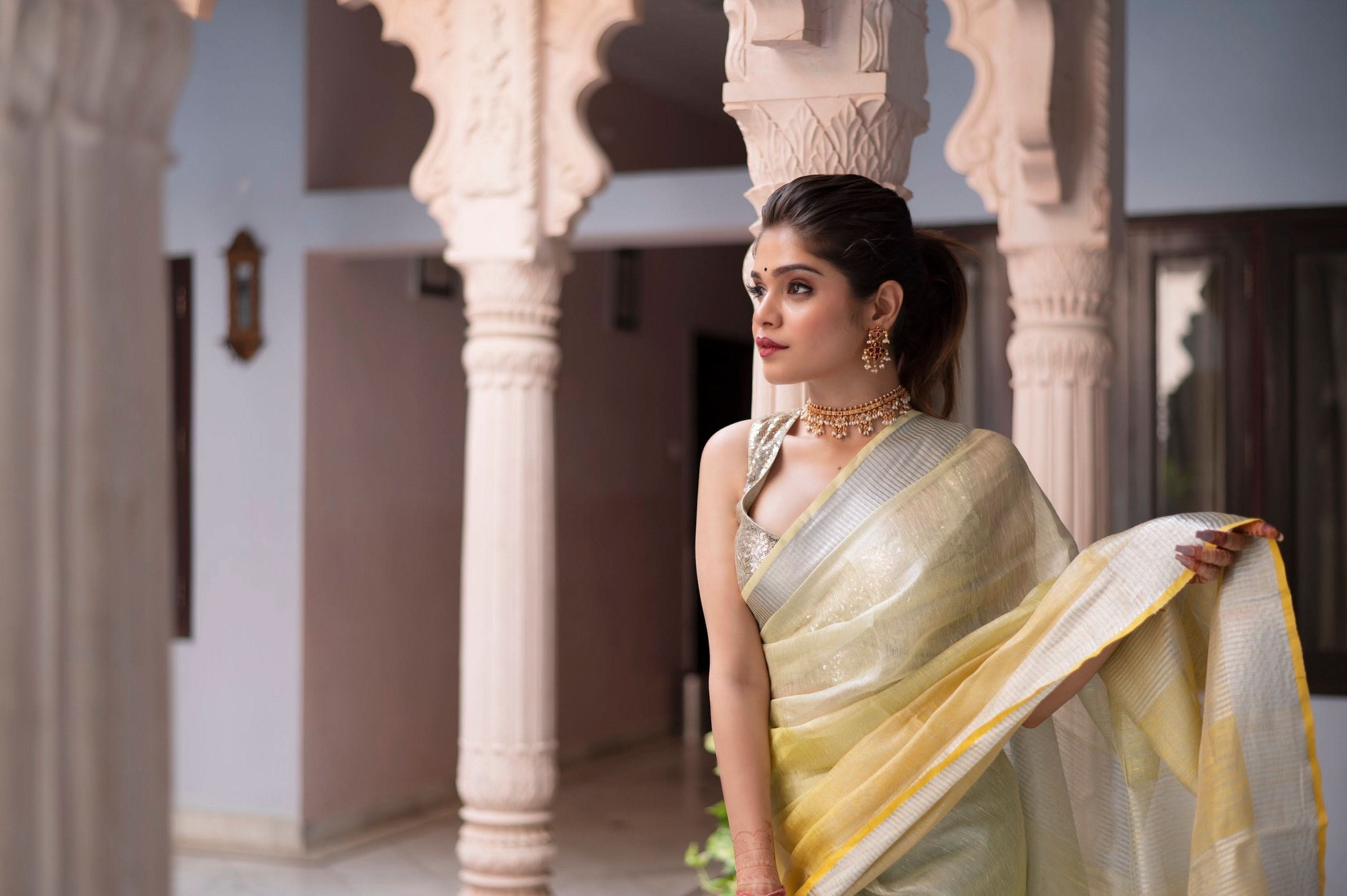 Ombre Yellow and Silver Tissue Linen Saree | Shobitam Saree