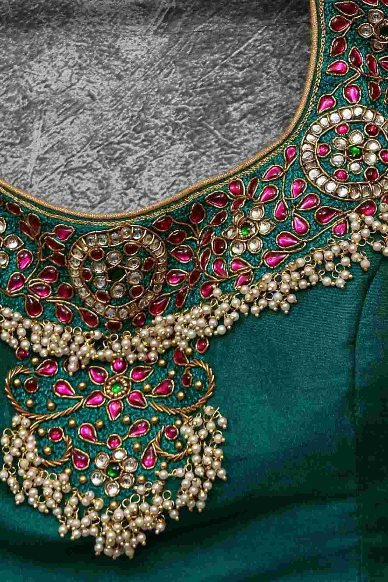 Made to Order:  Necklace Design Jadau Ornamental Sleeveless Blouse in Green Raw SIlk | Shobitam Blouse