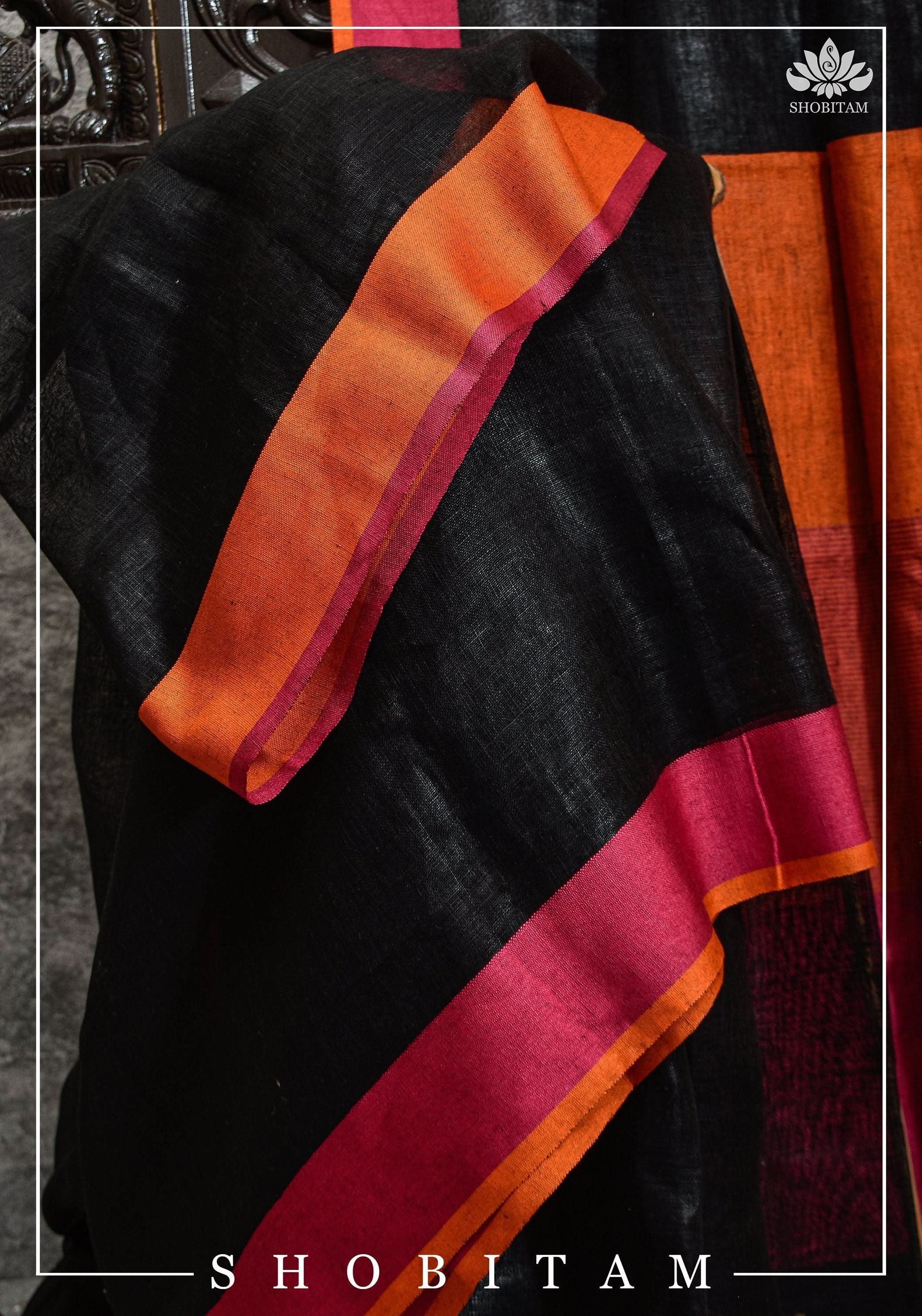 Ganga Jamuna Borders on Black Linen by Linen Saree | Sarees by Shobitam