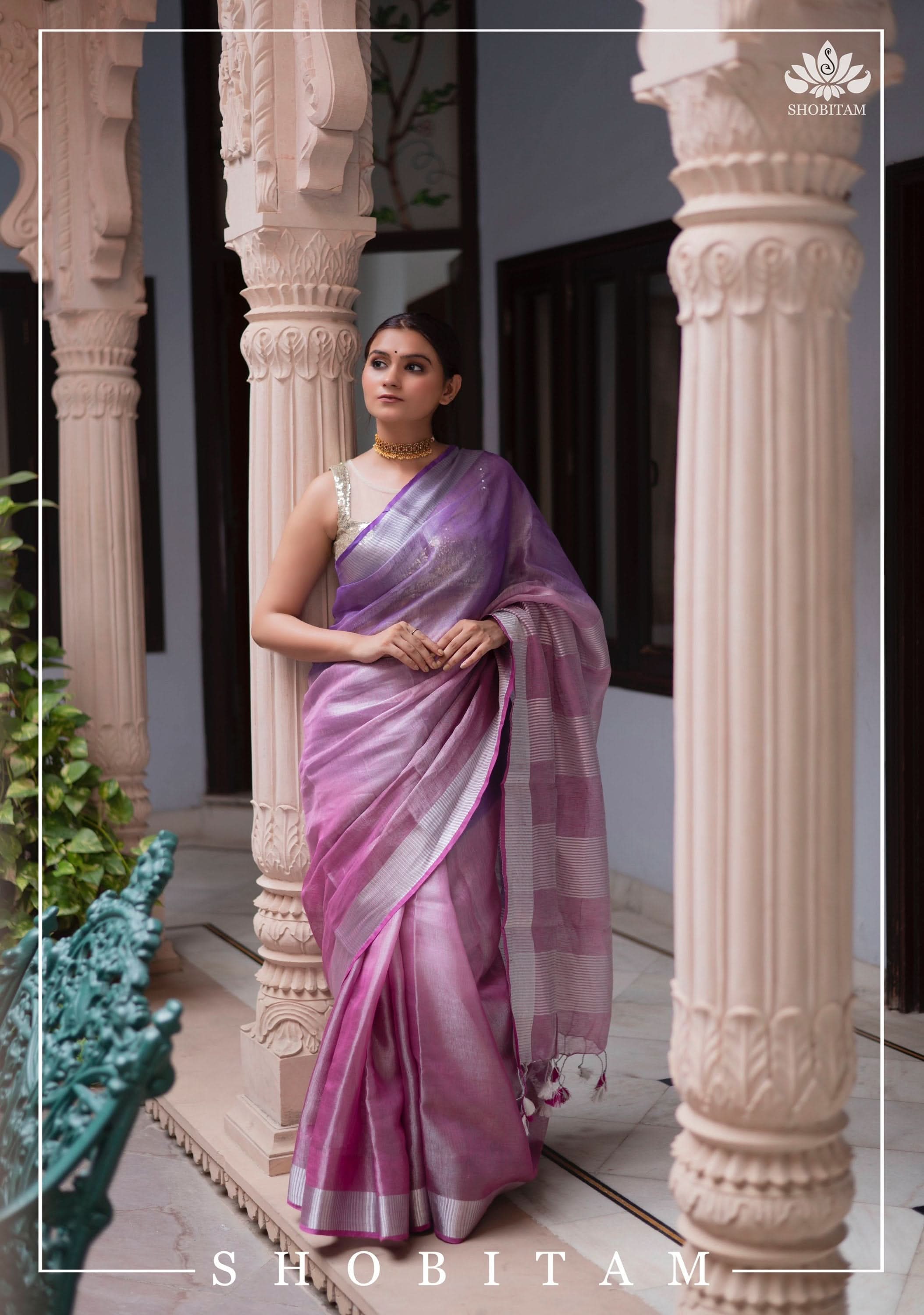 Shobitam Designer Collections - Pretty Lilac and Pink Ombre Tissue Linen saree