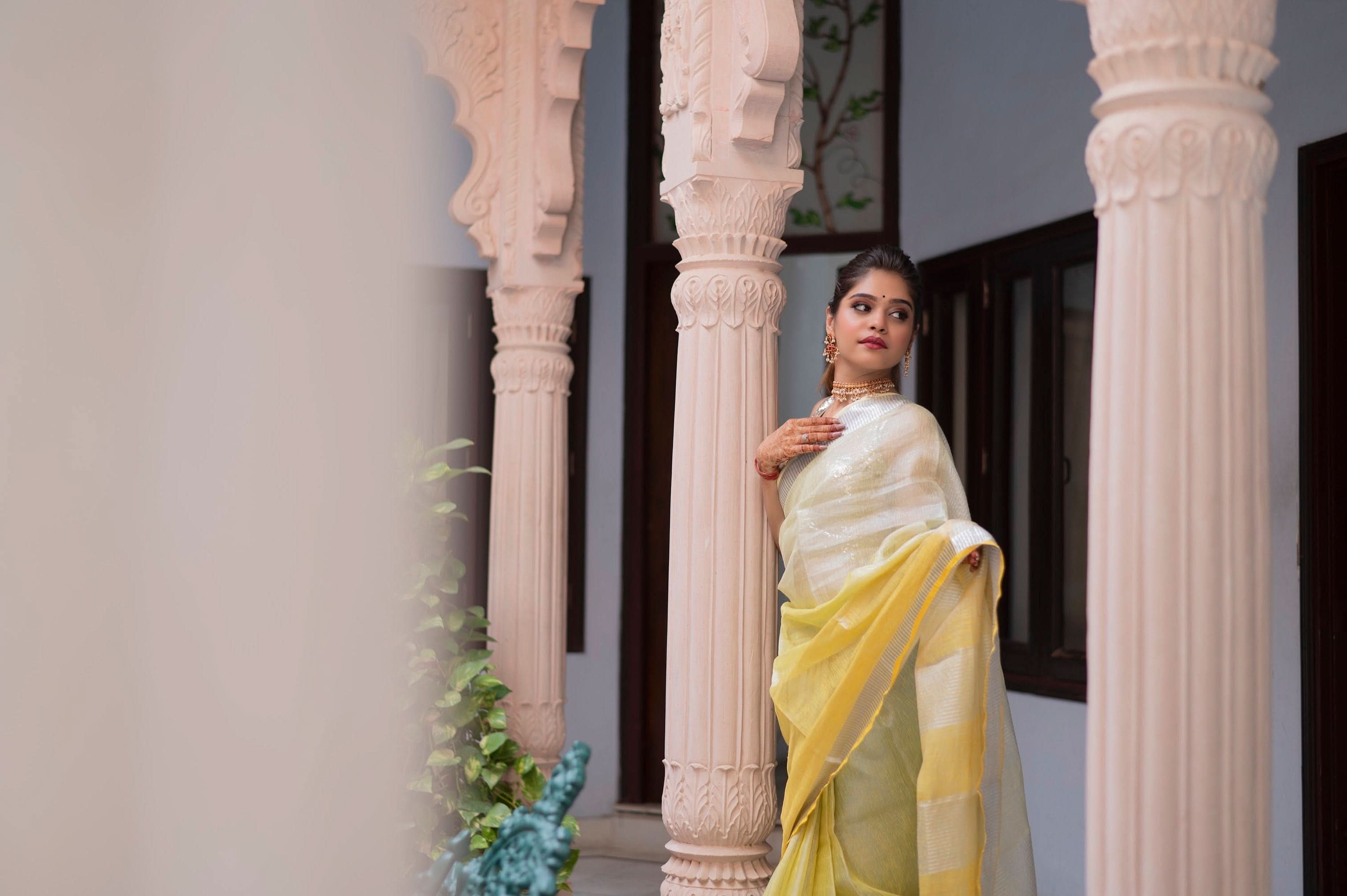 Ombre Yellow and Silver Tissue Linen Saree | Shobitam Saree