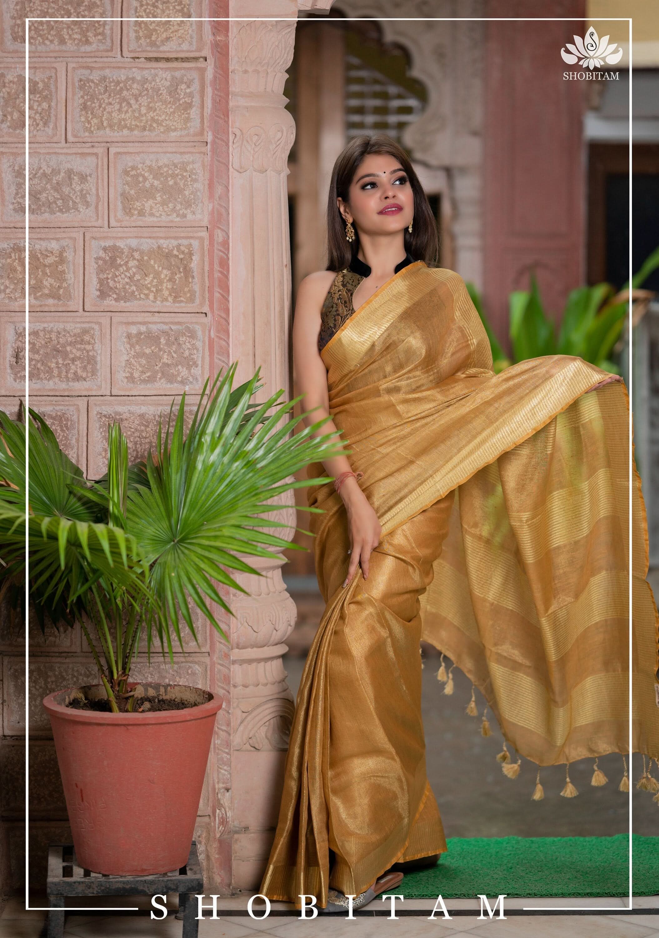 Tan Gold Tissue Linen Saree | Shobitam Saree