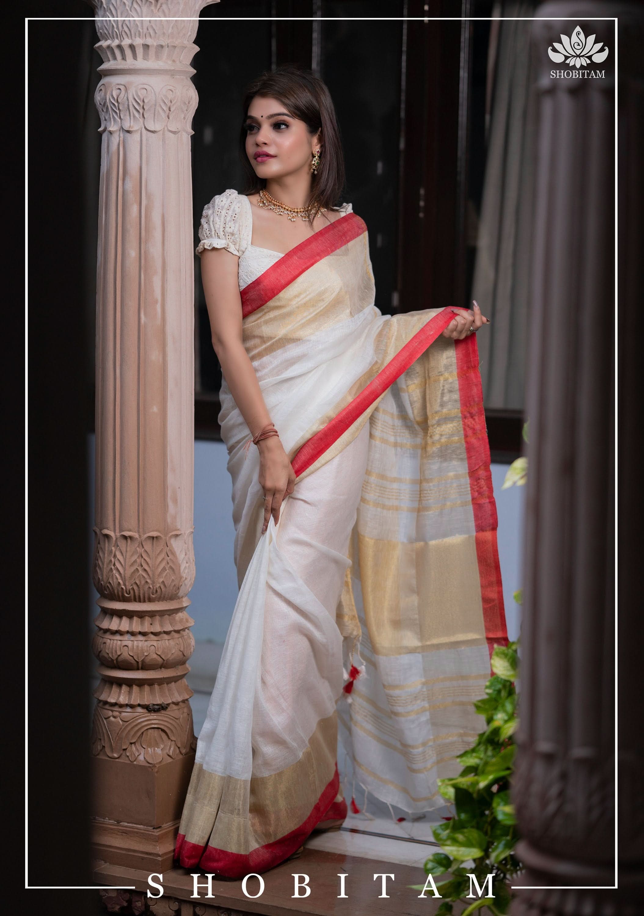 Lovely Wide Border Linen Saree in Ivory and Red with Gold Zari | Lal Paar Saree I White and Red Saree | Shobitam