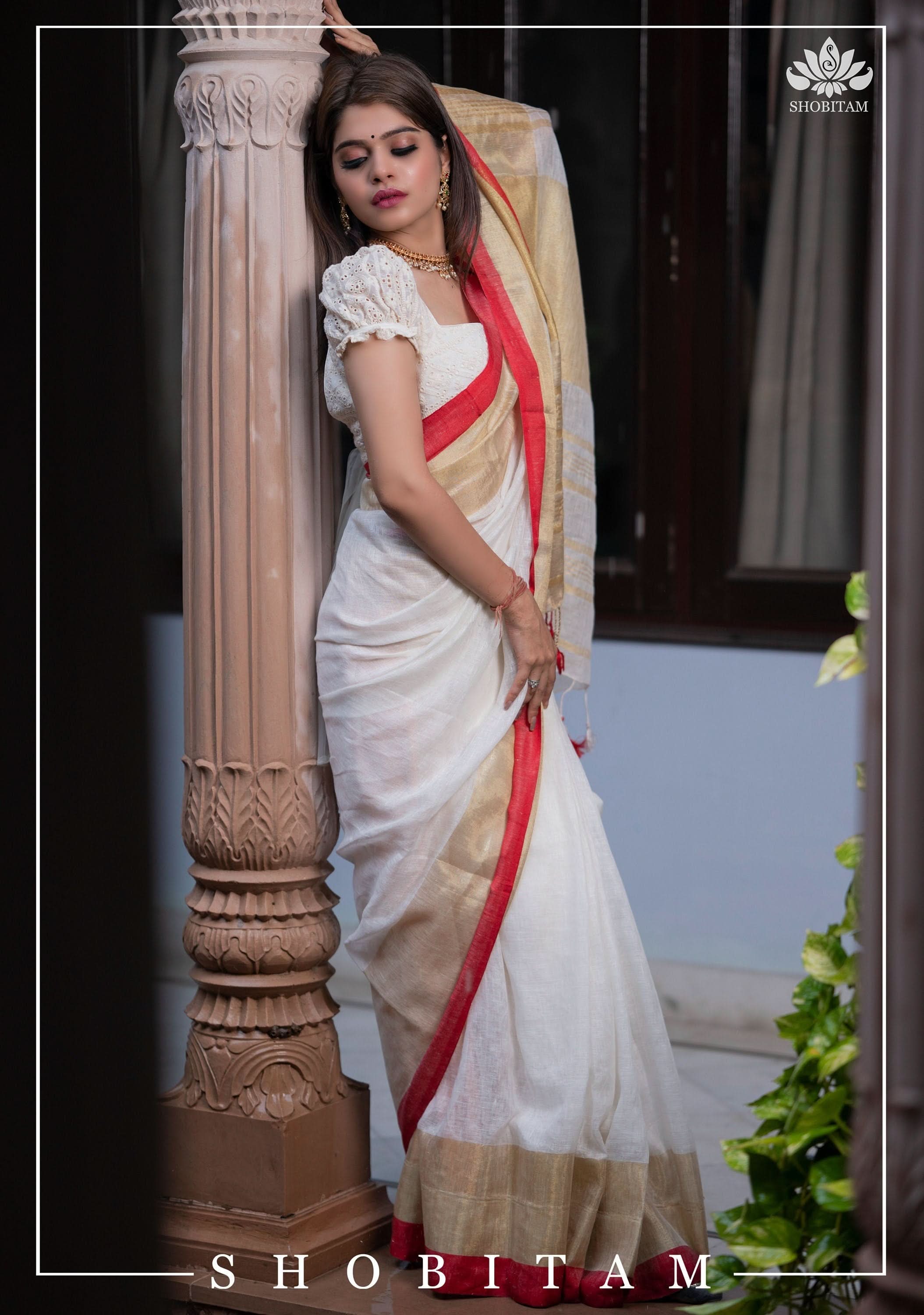 Lovely Wide Border Linen Saree in Ivory and Red with Gold Zari | Lal Paar Saree I White and Red Saree | Shobitam