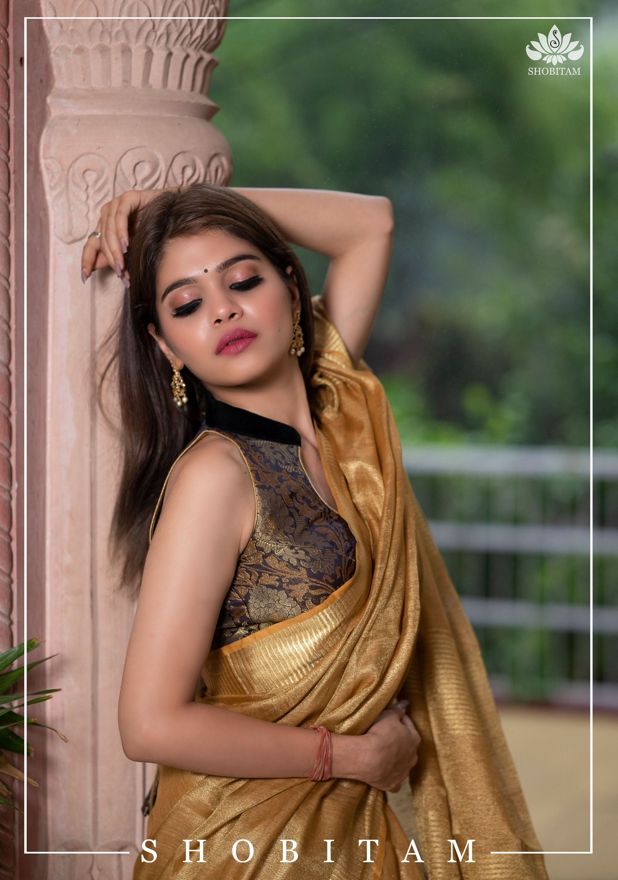Tan Gold Tissue Linen Saree | Shobitam Saree