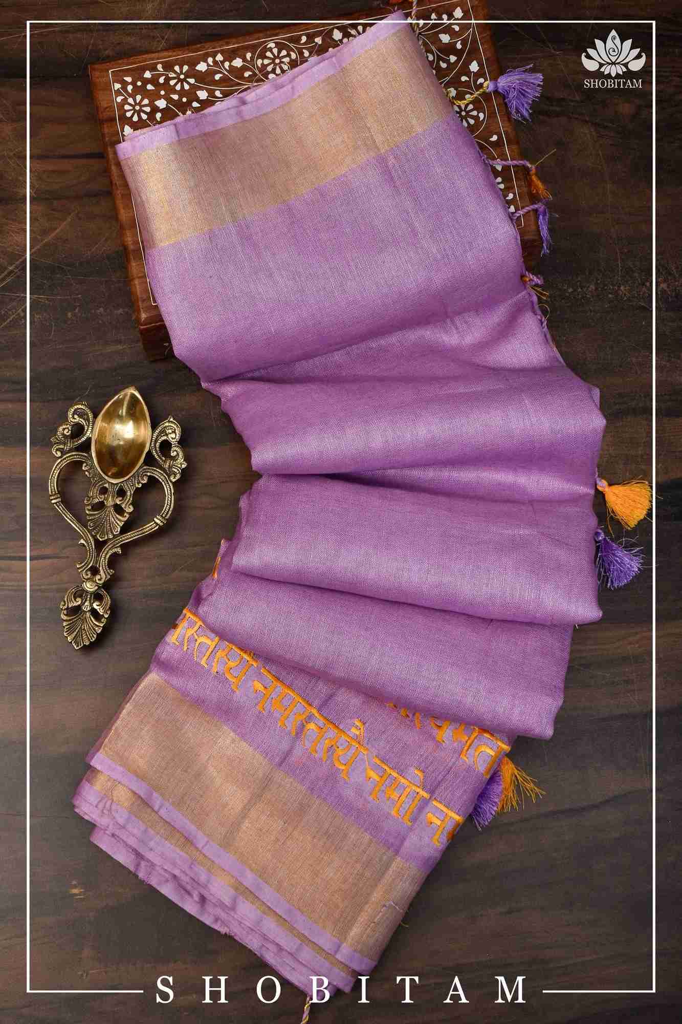 Ready To Wear Devi Shloka Embroidered Saree In Lilac pure linen by linen