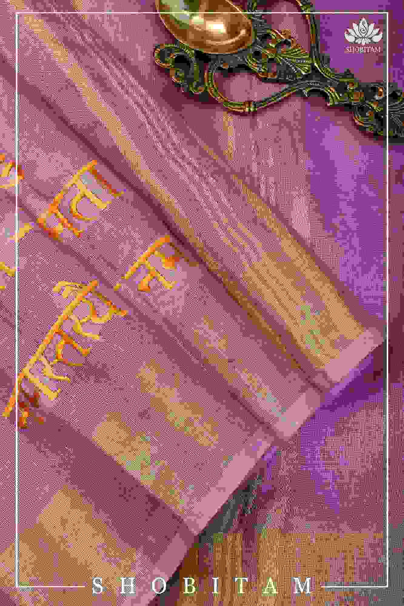 Ready To Wear Devi Shloka Embroidered Saree In Lilac pure linen by linen