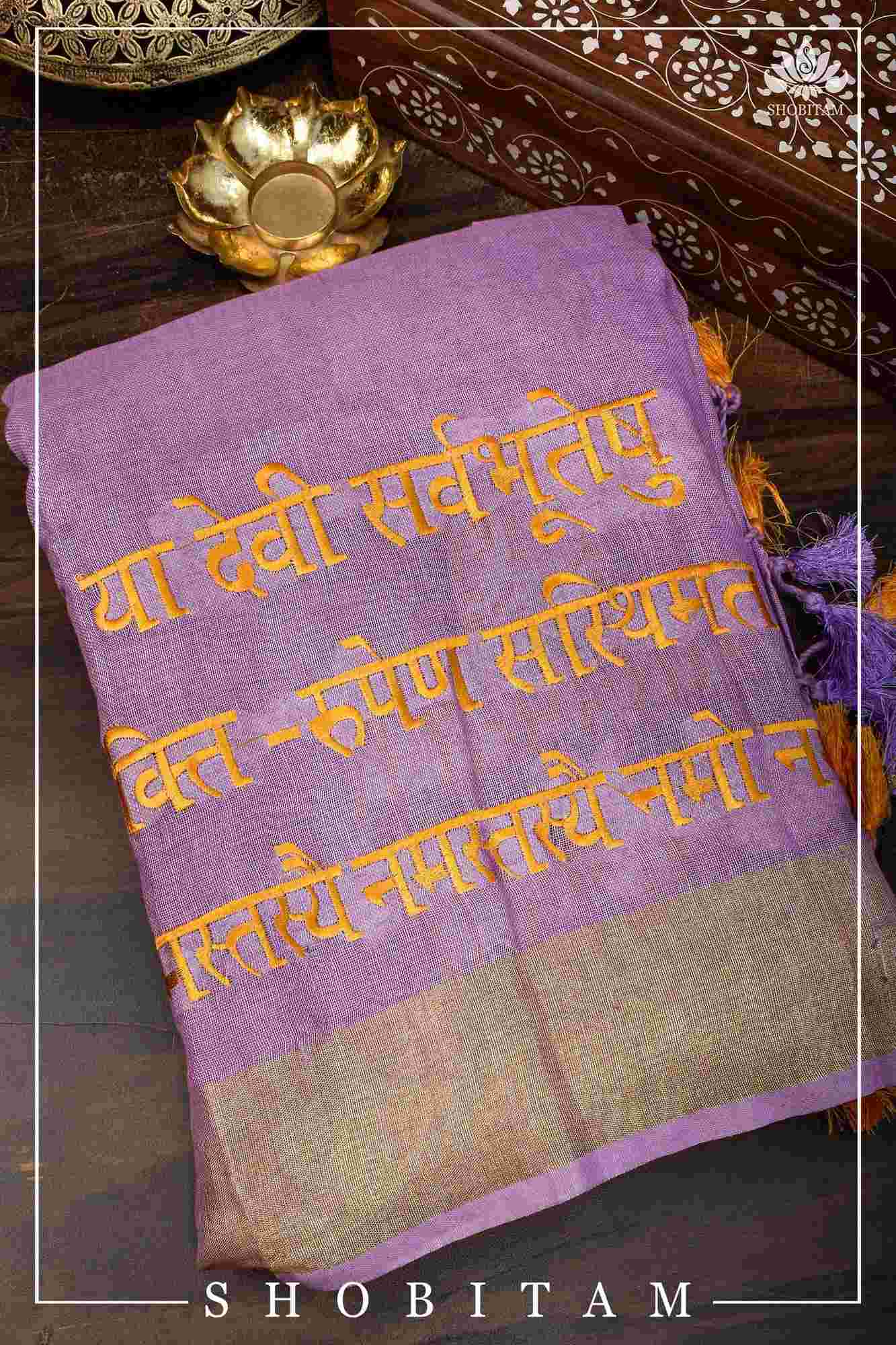 Ready To Wear Devi Shloka Embroidered Saree In Lilac pure linen by linen