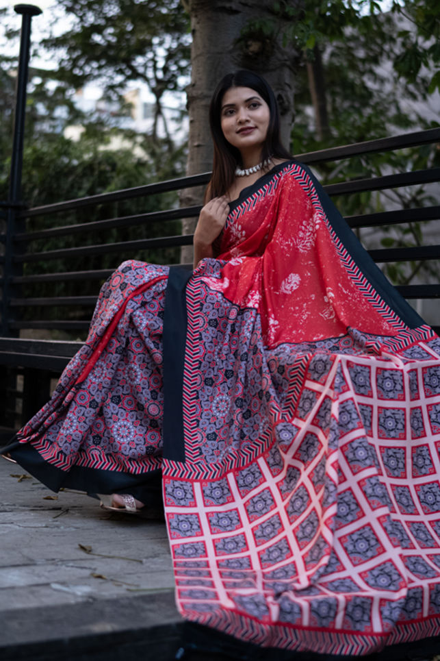 Comfortable Red & Black Soft like butter Printed All Over Wrap in 1 minute saree