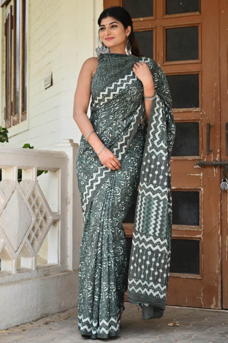 Mehendi Pre stitched summery Jaipuri Sanganeri mulmul ready to wear saree