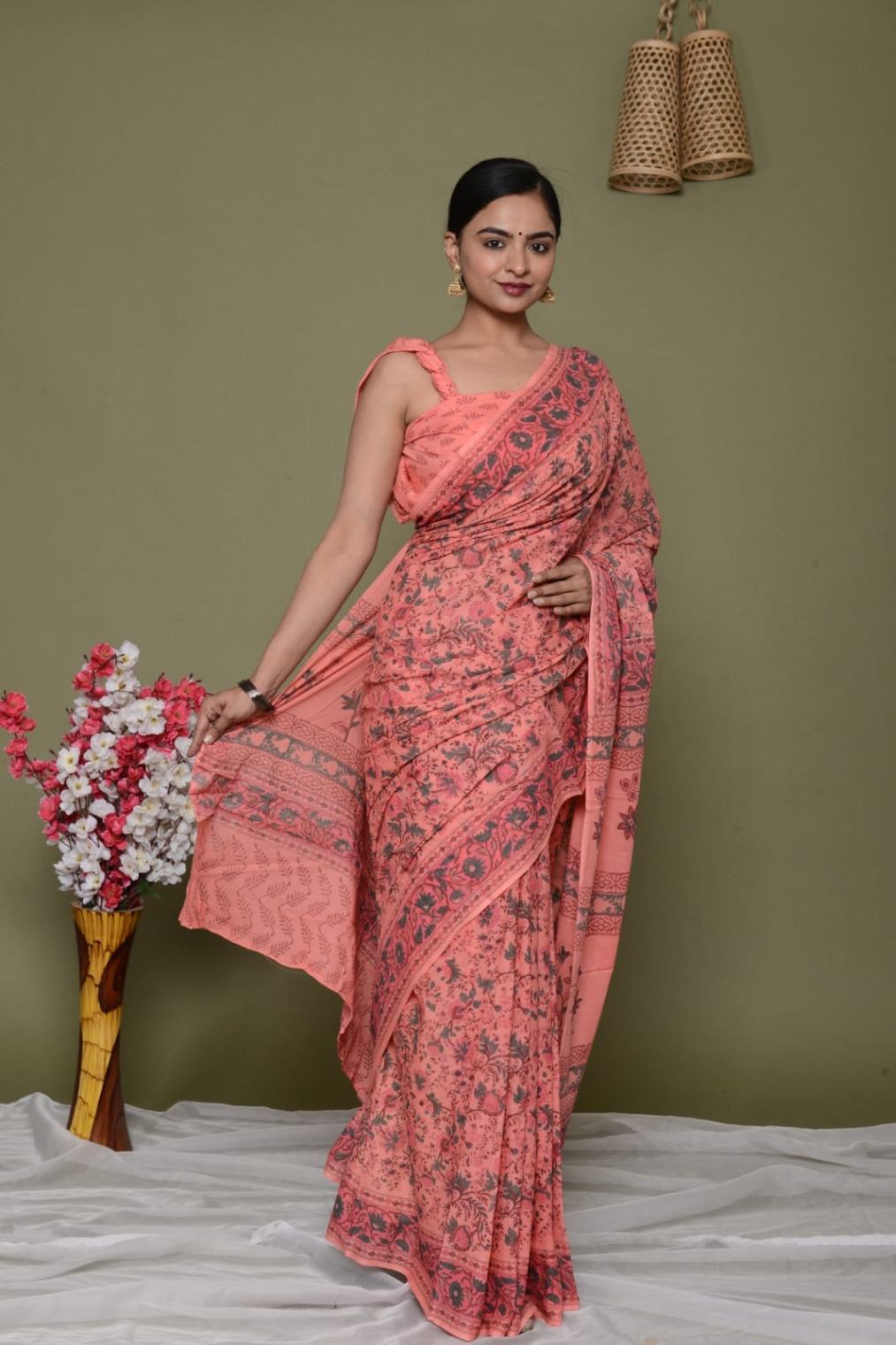 Regal summer saree Jaipuri Sanganeri mulmul ready to wear saree