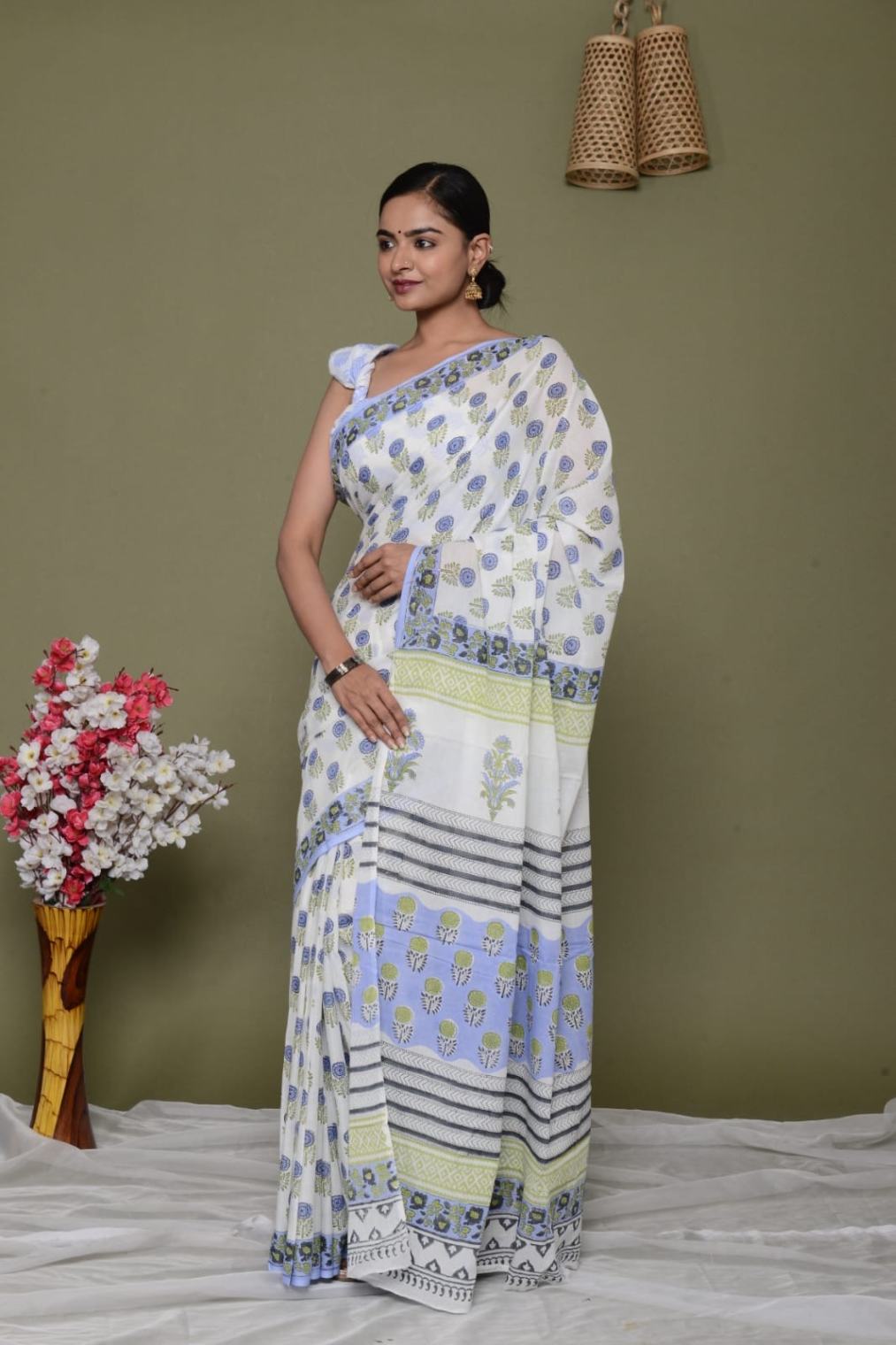 Prepleated stitched saree Jaipuri Sanganeri mulmul one minute saree