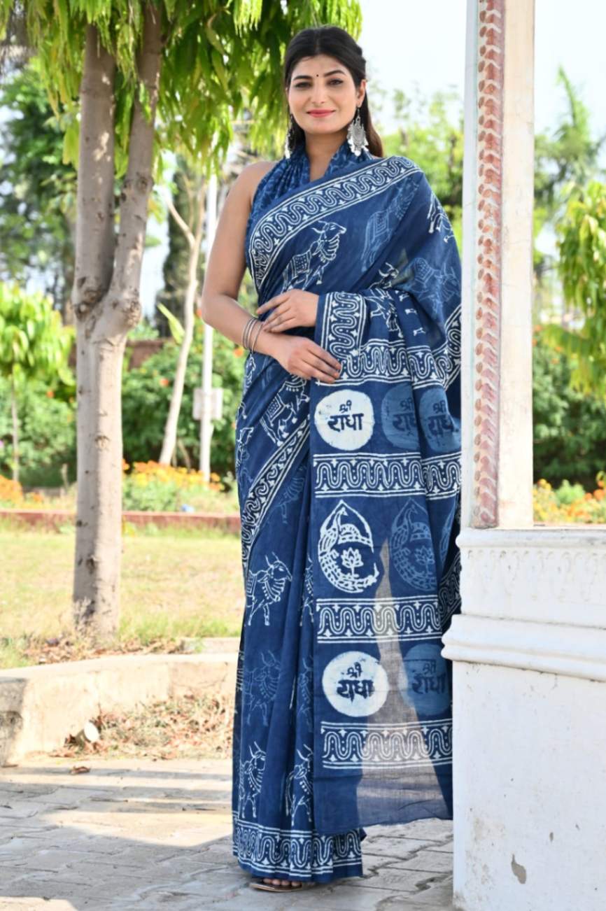 Readymade saree Indigo Handblock Print mulmul 1 minute sari