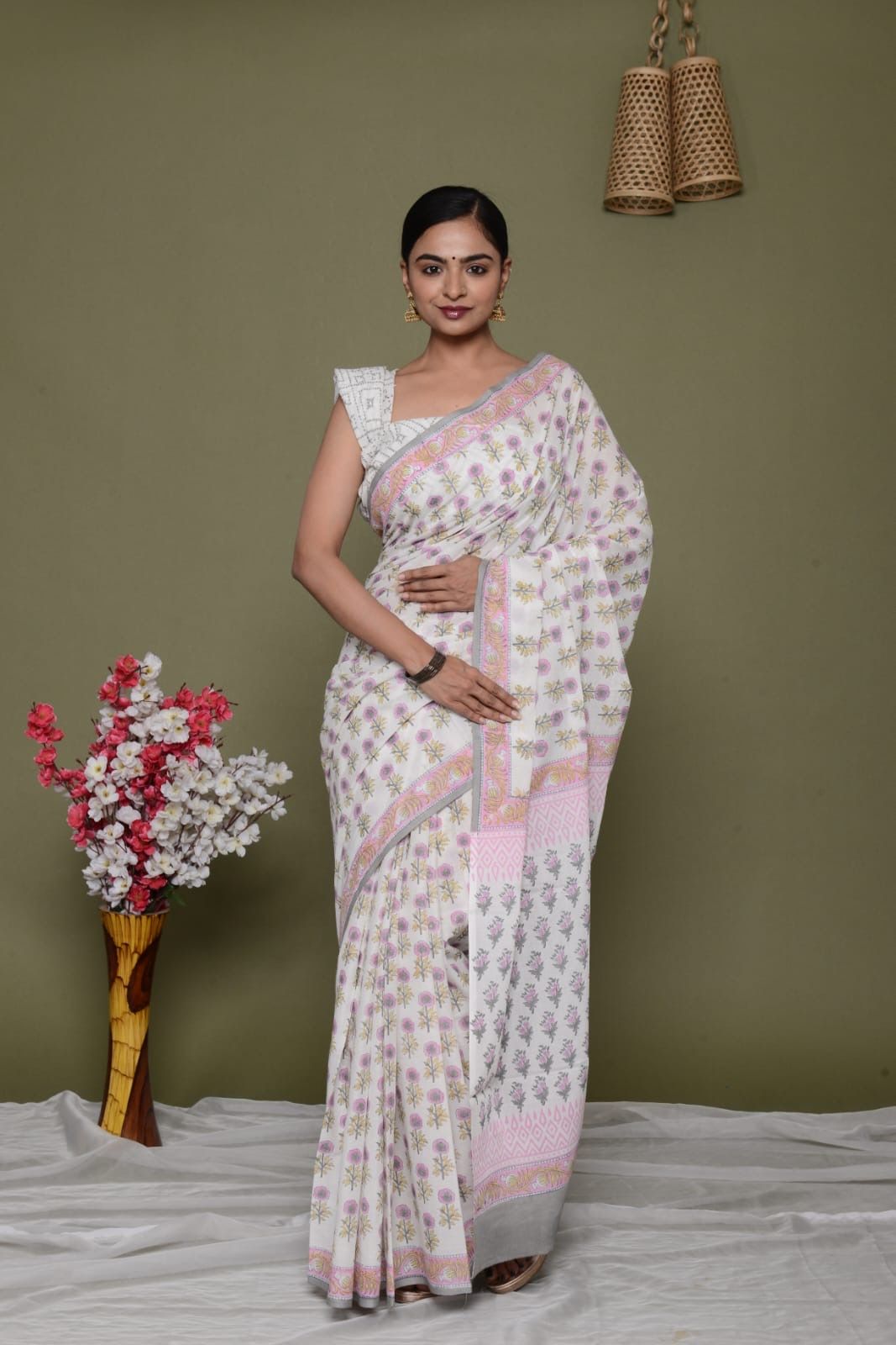 Royal baby pink delicate jaipuri sanganeri mulmul ready made saree