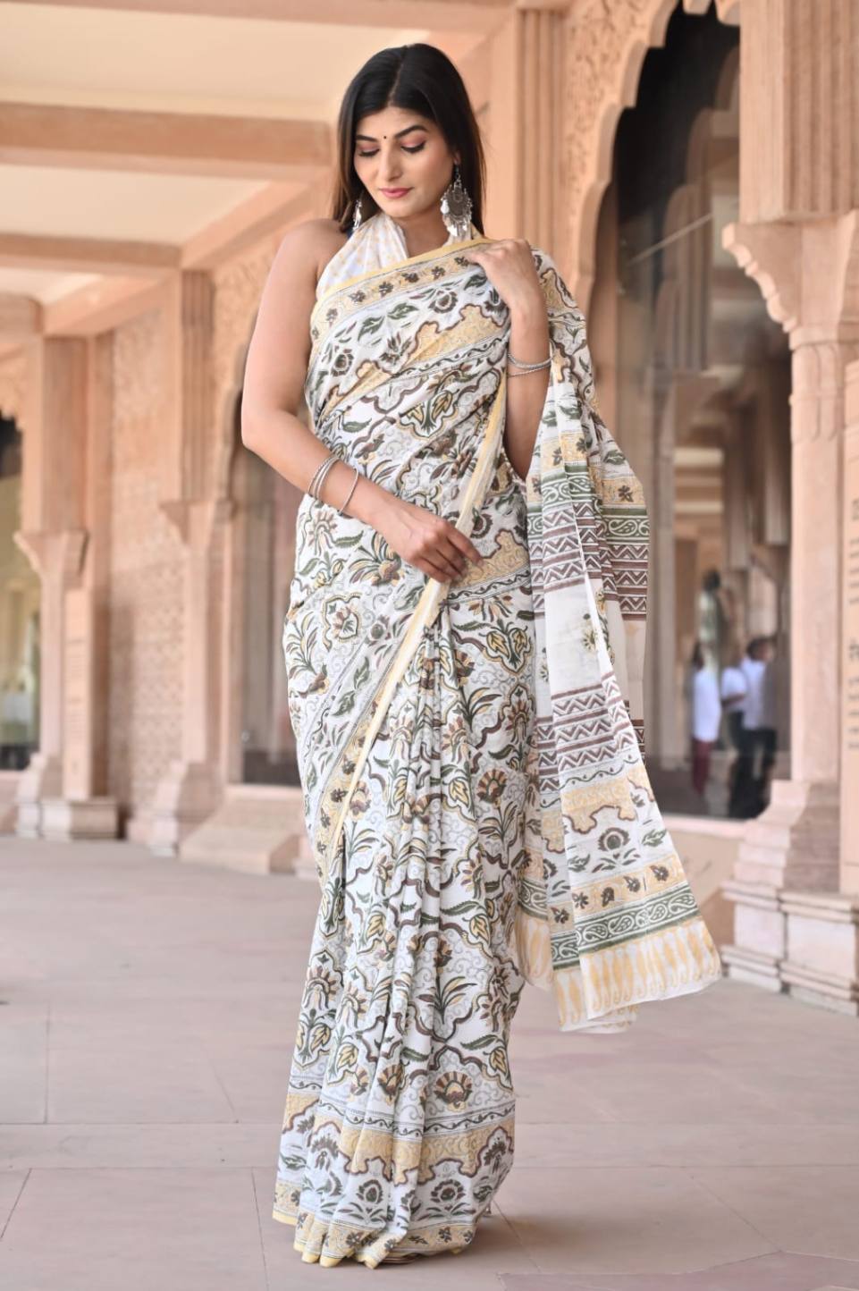 Light weight easy to wear saree floral jaipuri sanganeri mulmul ready to wear saree