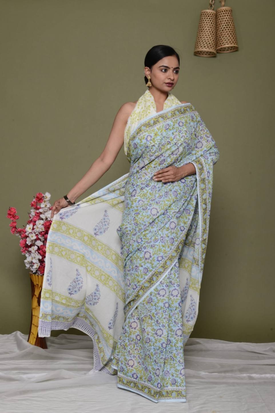 Delicate handblock jaipuri sanganeri mulmul ready to wear saree