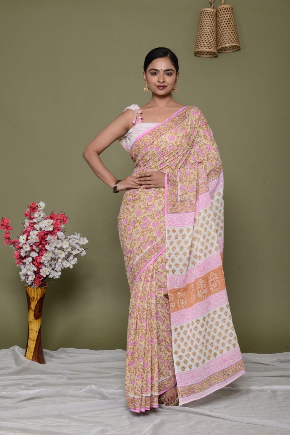 Ready to Wear Saree in Handblock Jaipuri Sanganeri Print Mal mal 1 minute saree