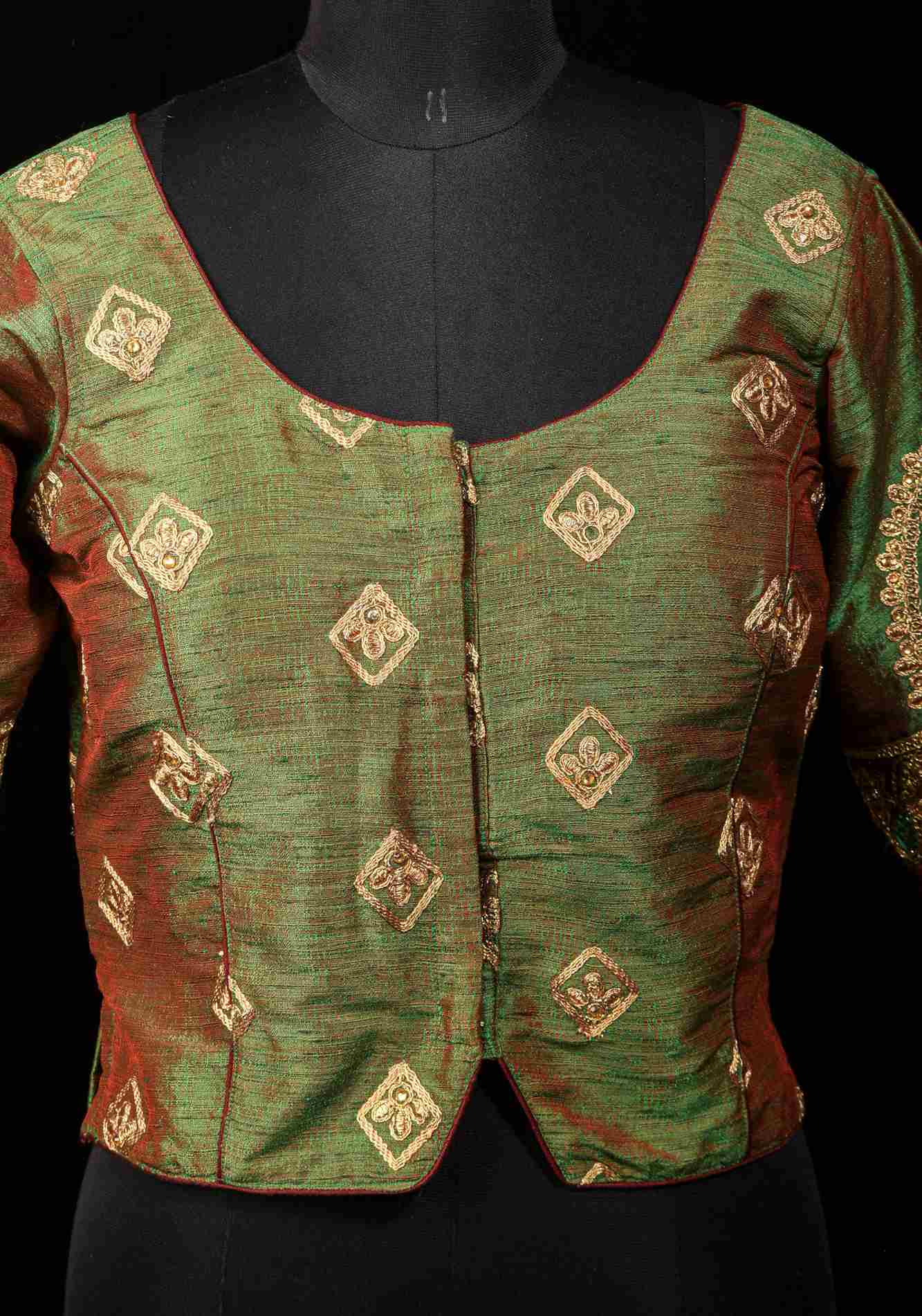 Readymade: Henna Green Semi Raw Silk Medium Length Jacket Blouse with Machine embroidery