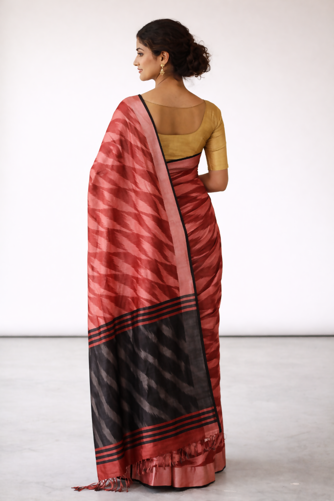 Coral Red & Charcoal Black Ikat Saree  | SHOBITAM