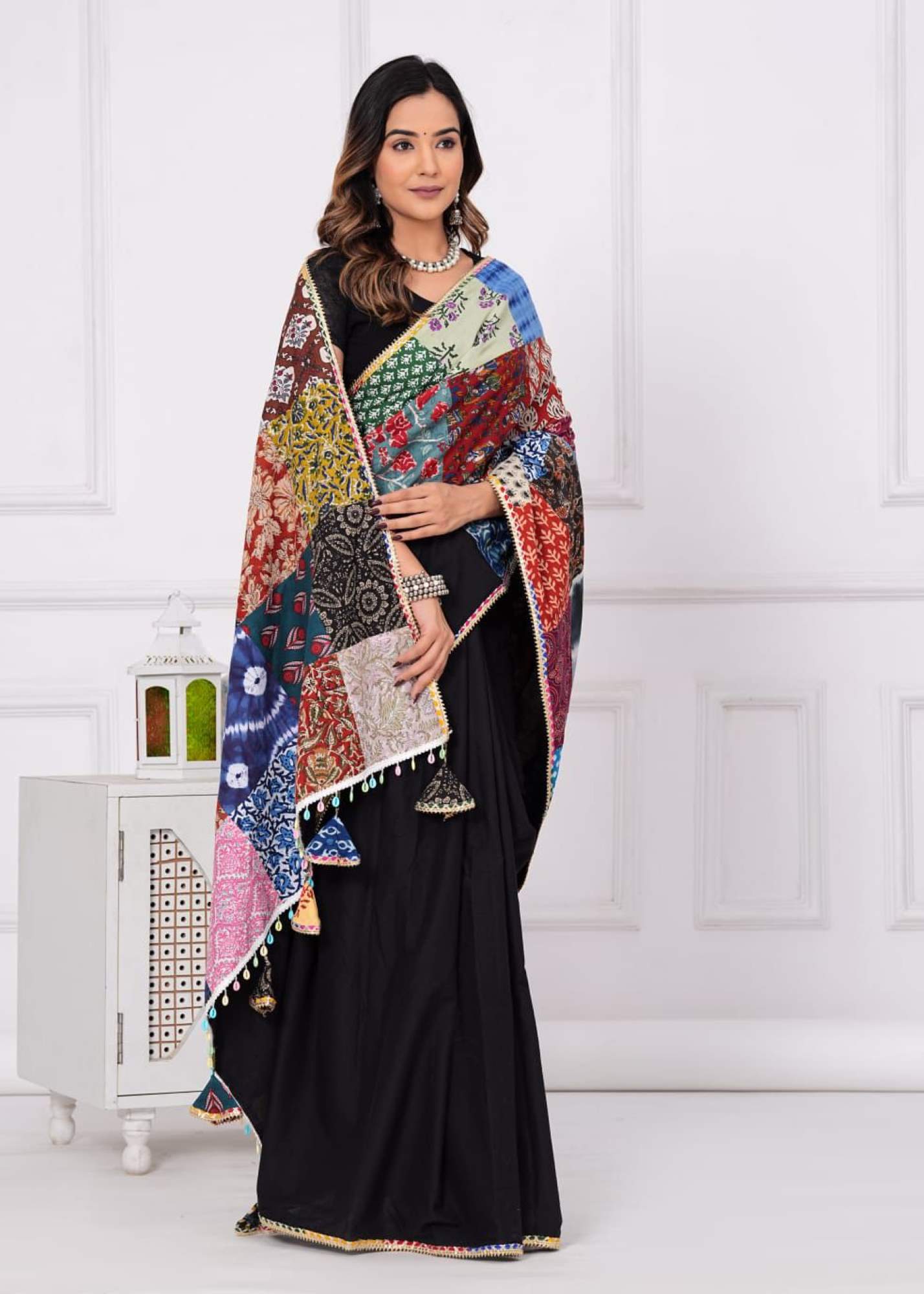 Designer Vibrant Patch Work Saree With Styles Tassels on  Pallu  Pure Cotton Ready To Wear Saree