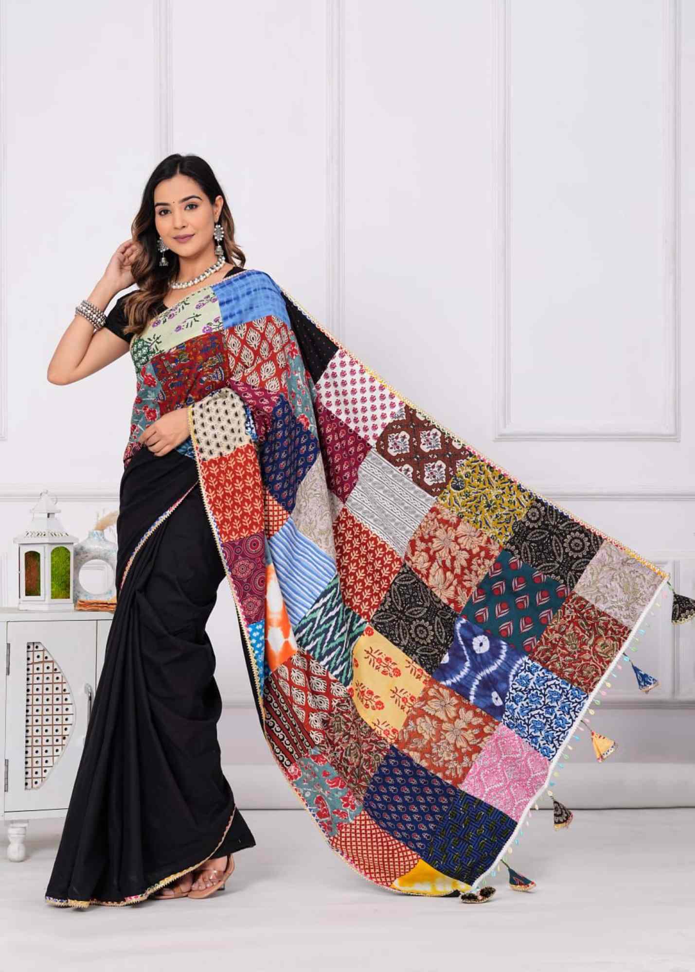 Designer Vibrant Patch Work Saree With Styles Tassels on  Pallu  Pure Cotton Ready To Wear Saree