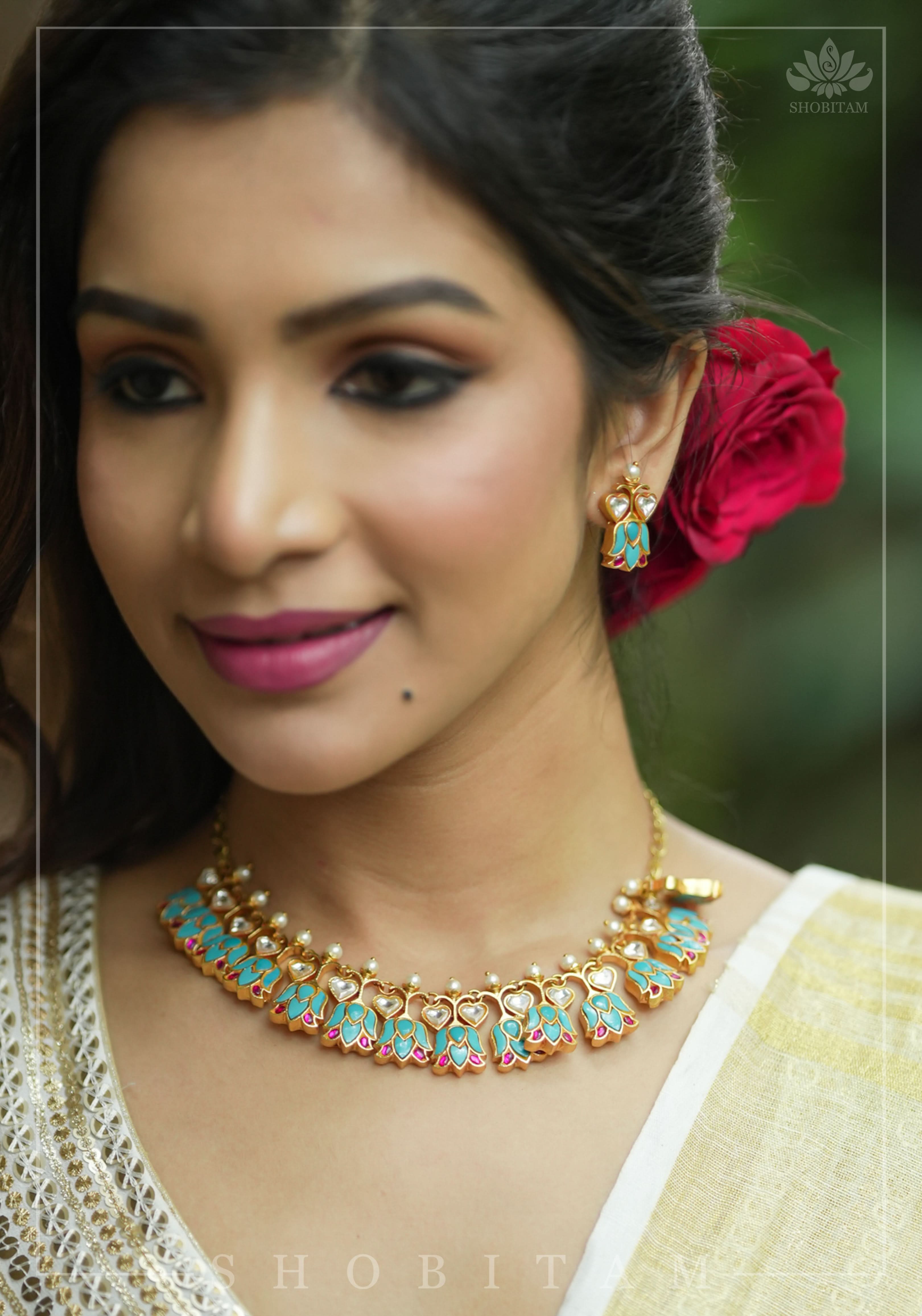 Grayish Teal Falling Lotus Design Falling Lotus design Jadau Necklace Set | SHOBITAM