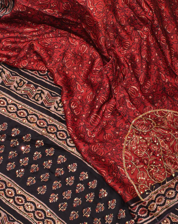 Ready to wear saree Maroon Authentic Hand Block Print Modal Silk Saree with Floral Pattern and Sequins, Cutdana work