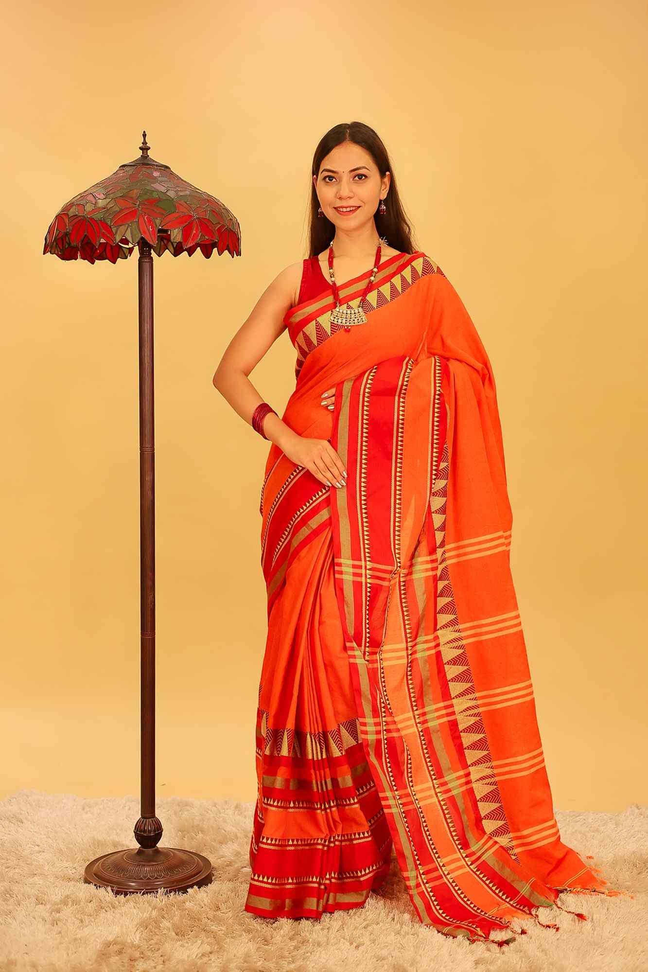 Ready To Wear Traditional Bengali Temple Border Cotton Handloom Pre Pleated Saree