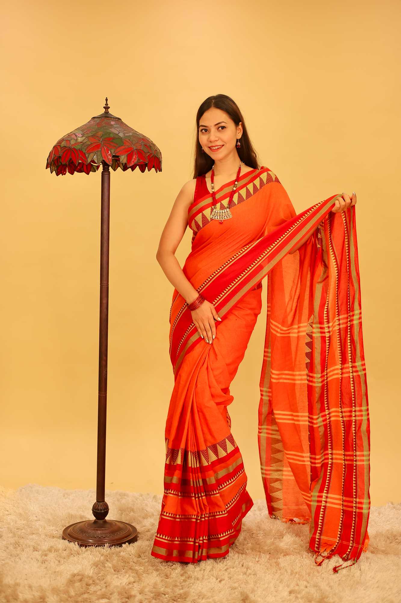 Ready To Wear Traditional Bengali Temple Border Cotton Handloom Pre Pleated Saree