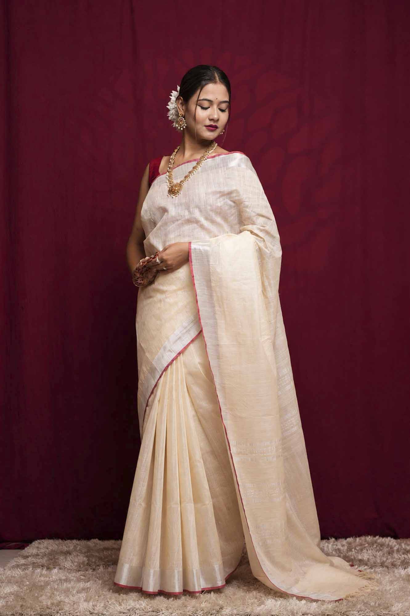 Off white bhagalpuri linen with zari & red tiny border Ready To Wear saree