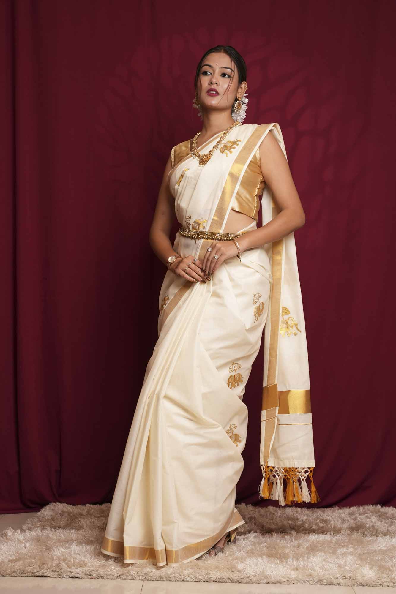 Traditional White Kerala Kasavu  with Golden Border & Elephant Motifs Ready To Wear Saree