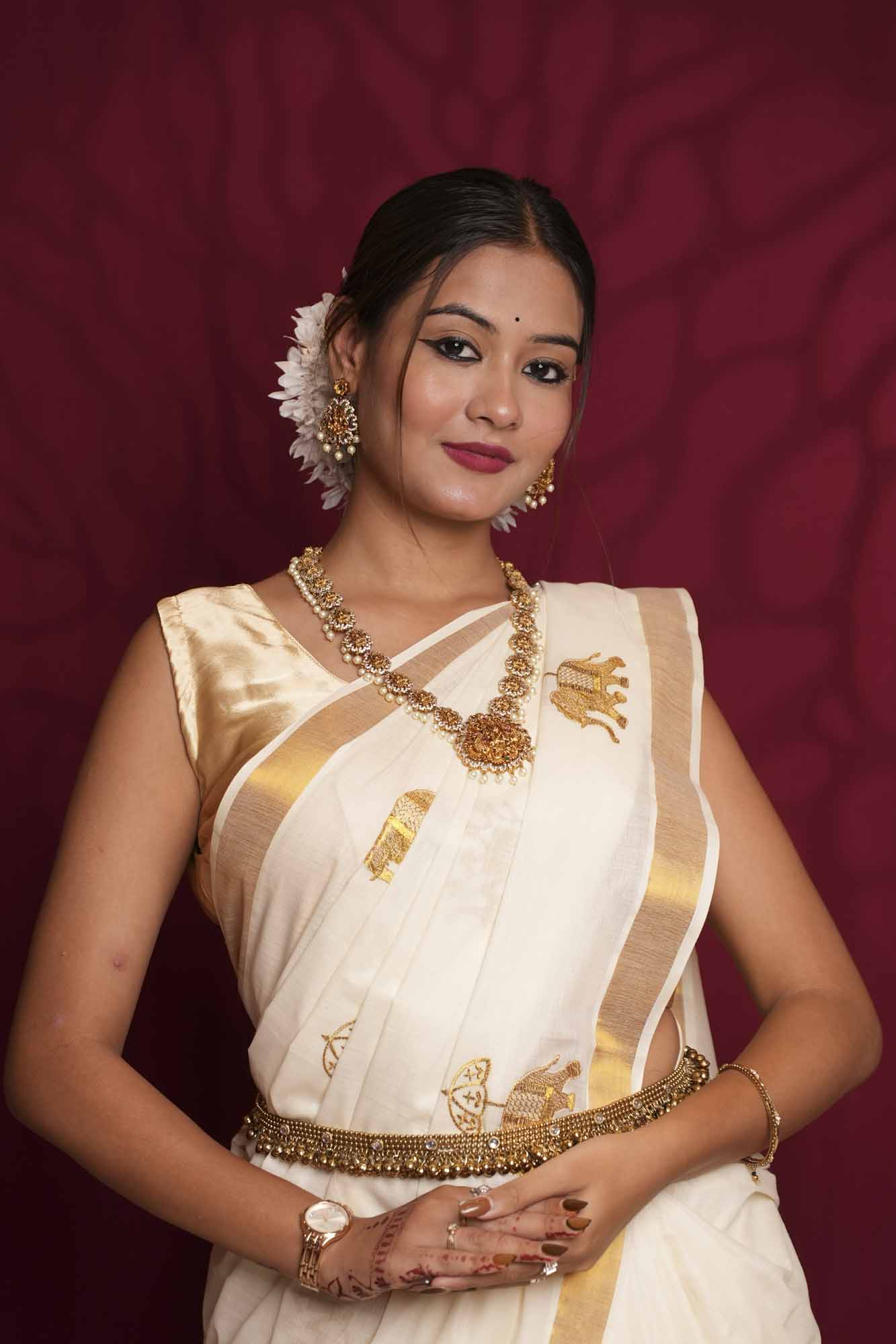 Traditional White Kerala Kasavu  with Golden Border & Elephant Motifs Ready To Wear Saree