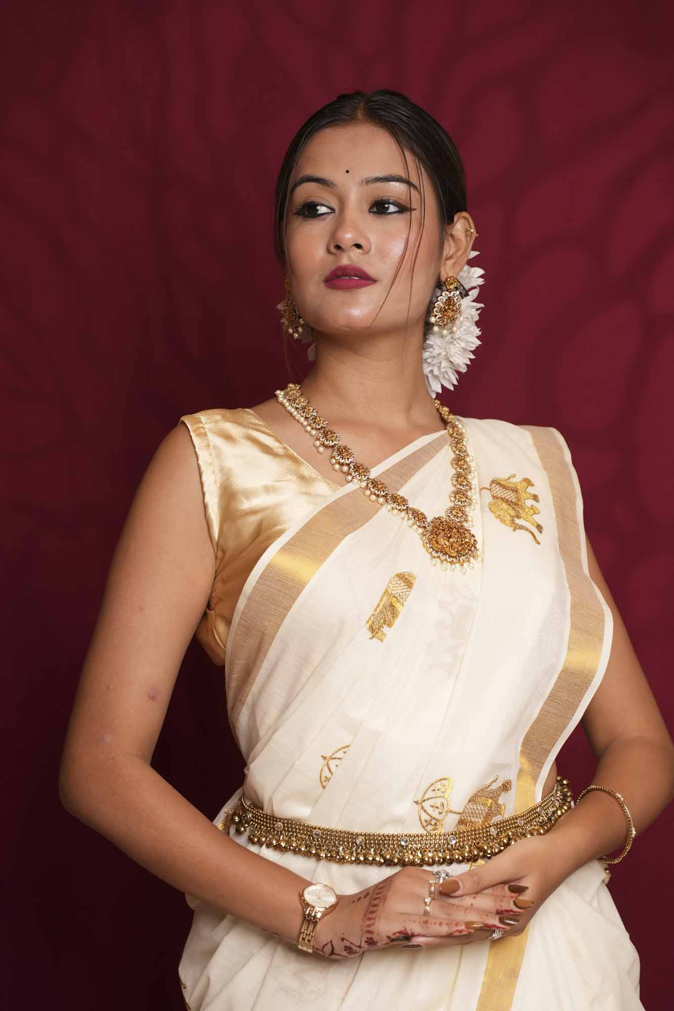 Traditional White Kerala Kasavu  with Golden Border & Elephant Motifs Ready To Wear Saree