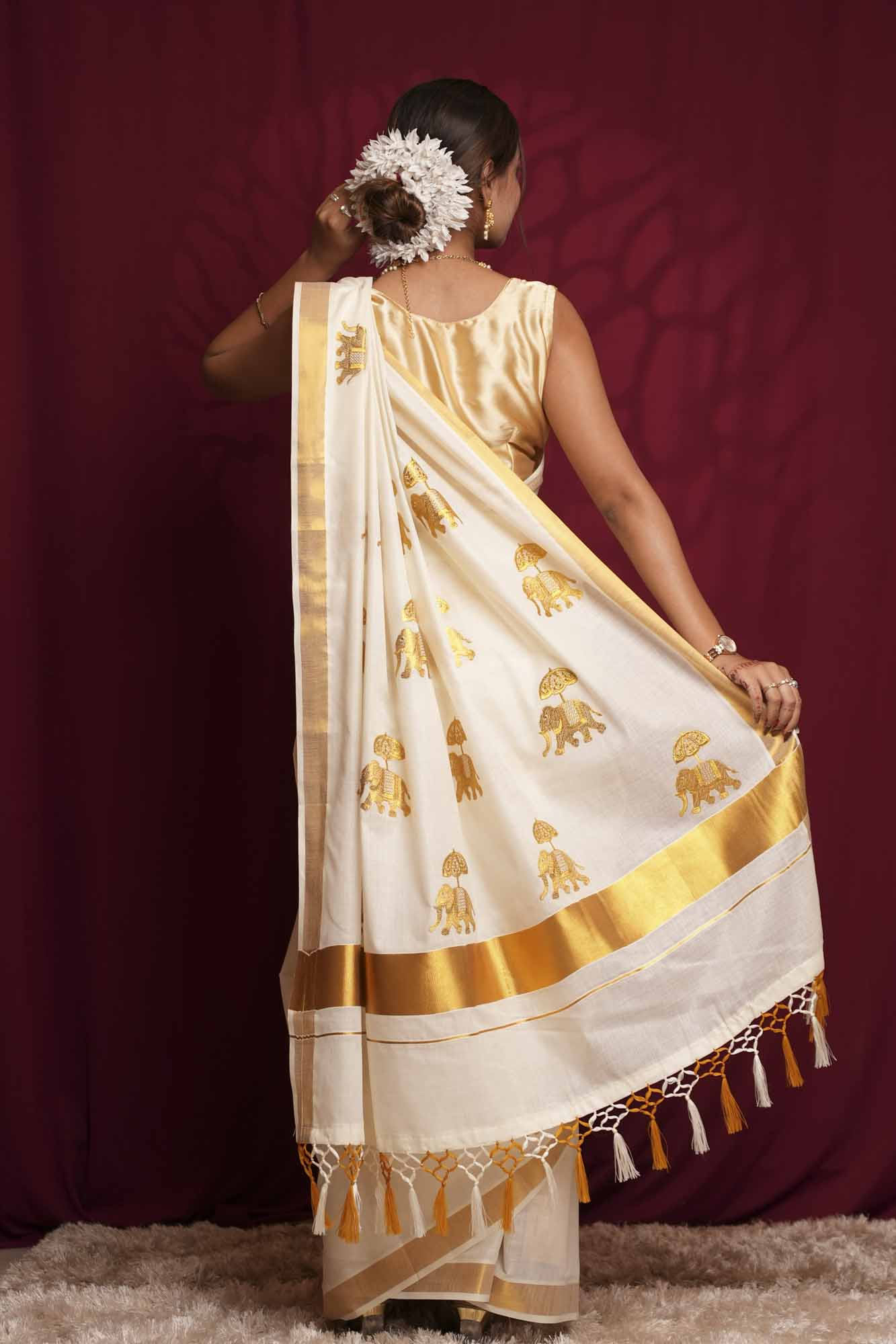 Traditional White Kerala Kasavu  with Golden Border & Elephant Motifs Ready To Wear Saree